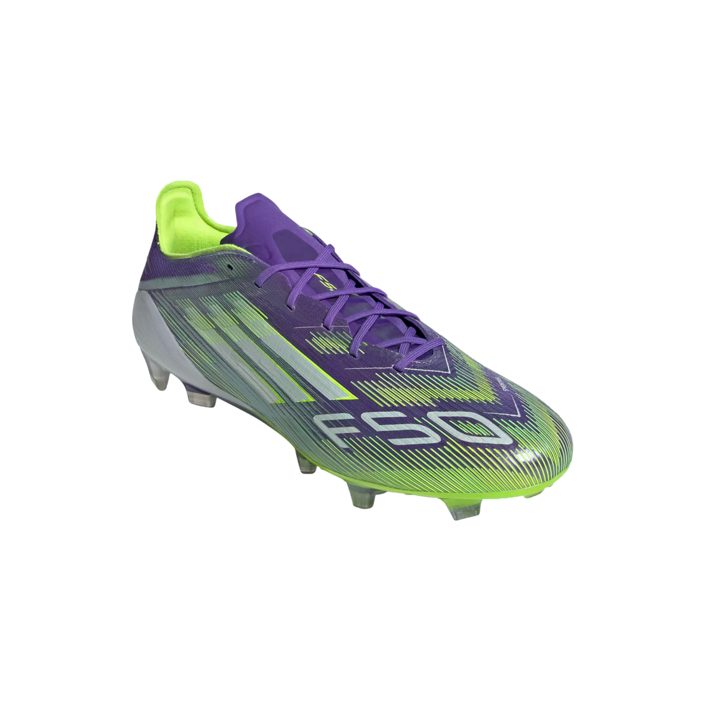 A purple and lime green F50 soccer cleat featuring silver textured stripes and branding, set against a solid black background.