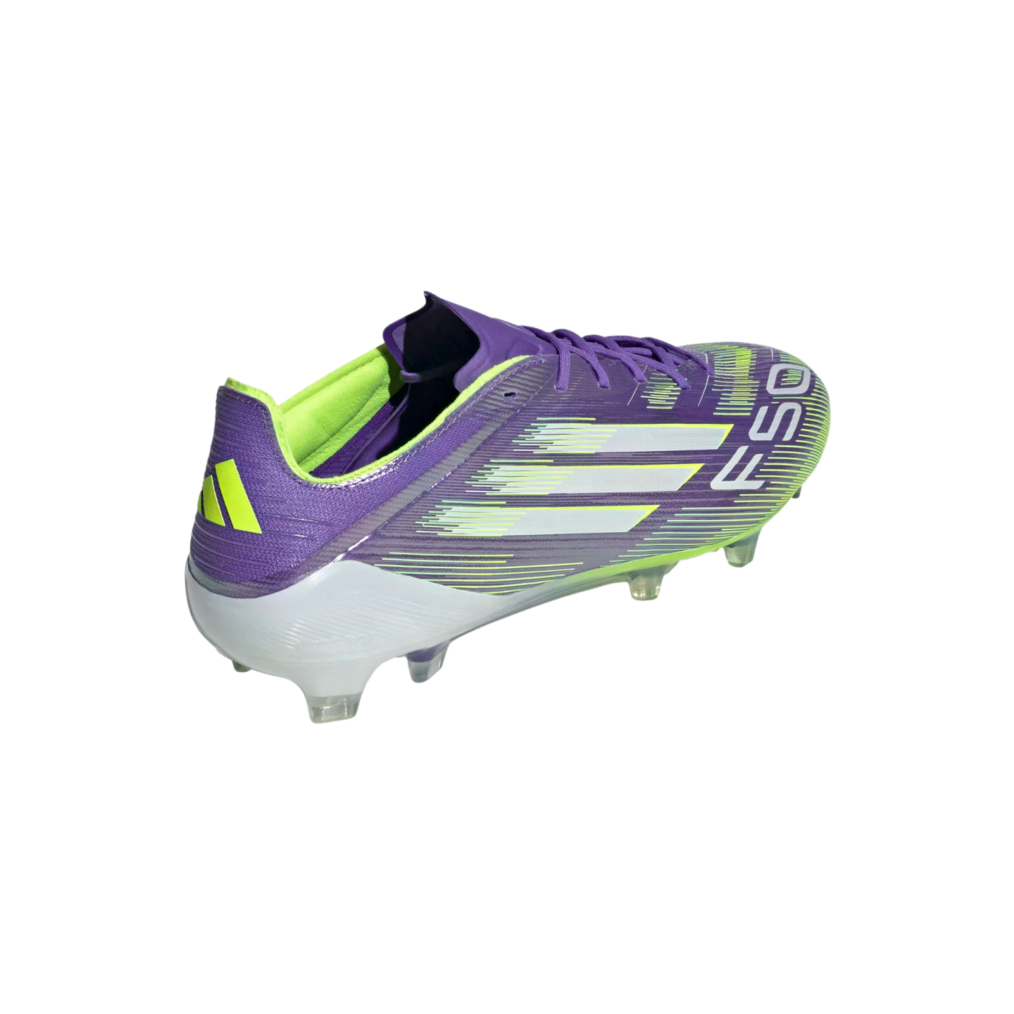 A purple Adidas F50 soccer cleat with lime green and white accents, viewed from the rear side against a black background.