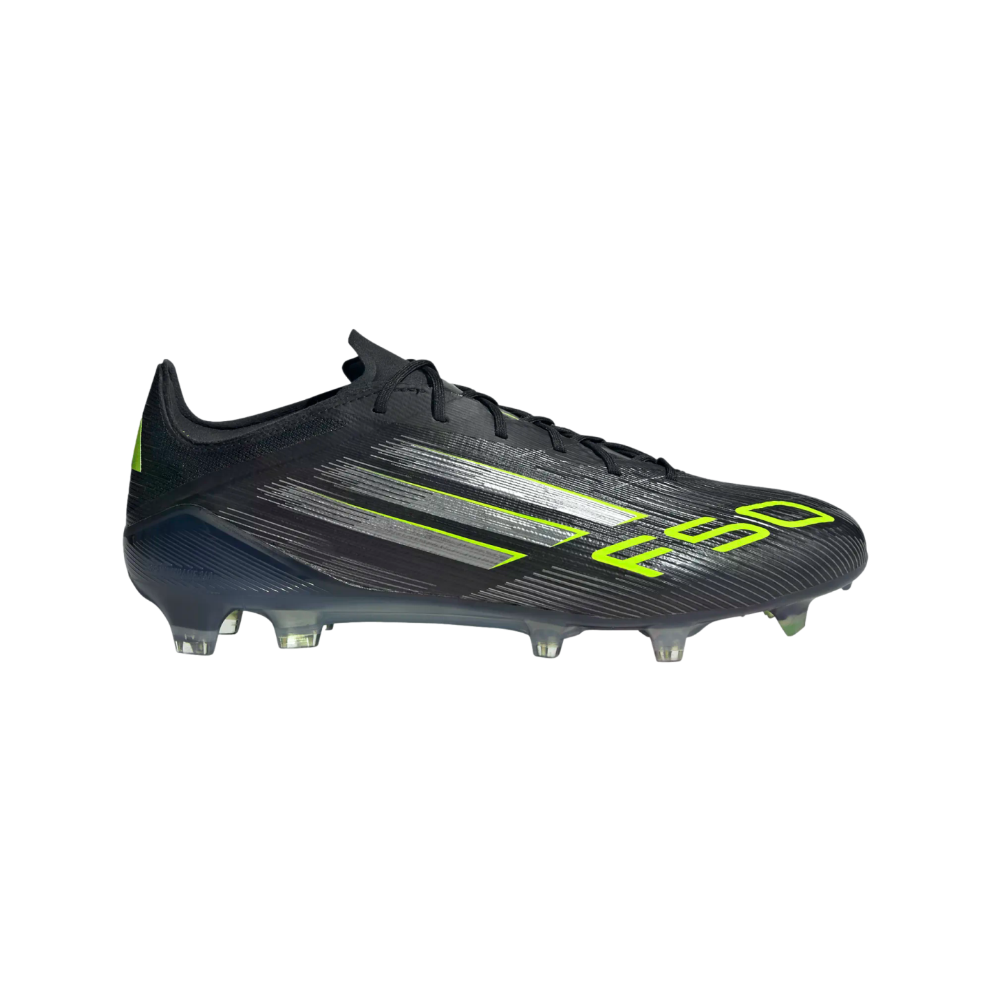 Side view of a black Adidas F50 soccer cleat with silver and lime green accents on a black background.
