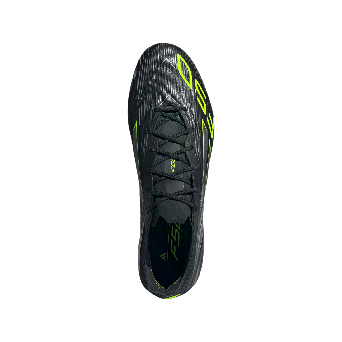 Top-down view of a black Adidas F50 soccer cleat with neon green accents and black laces against a solid black background.