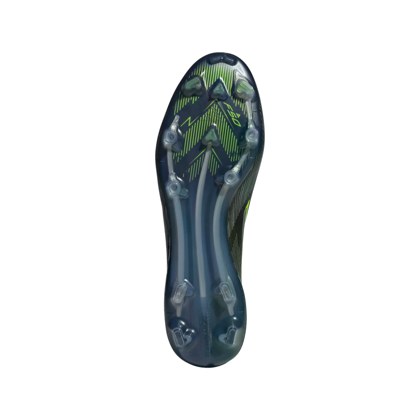 The underside of a navy soccer cleat featuring a translucent soleplate with neon green patterns, the "F50" logo, and clear multidirectional studs.