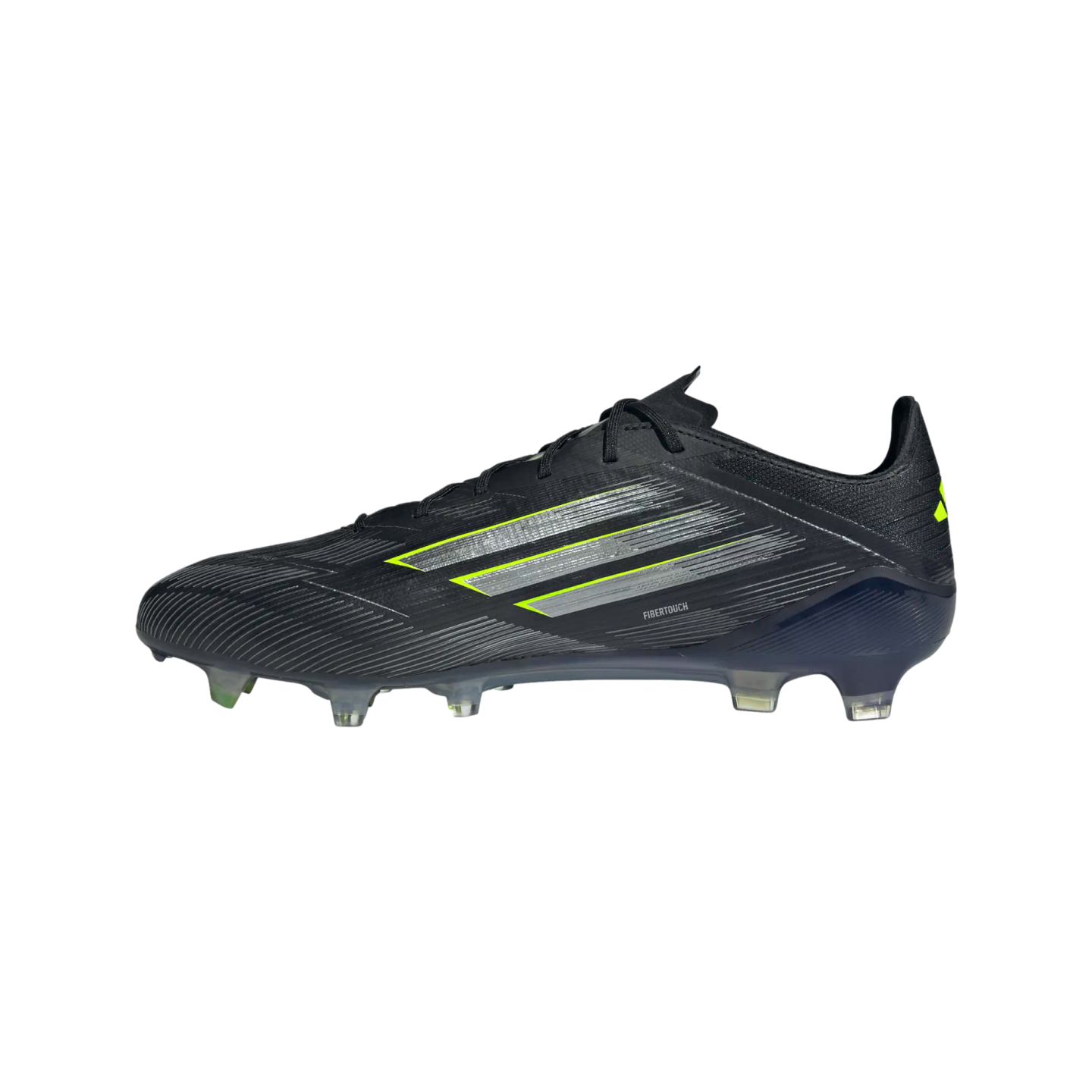 A black soccer cleat with neon yellow and silver side stripes and a translucent soleplate, shown in a profile view against a black background.