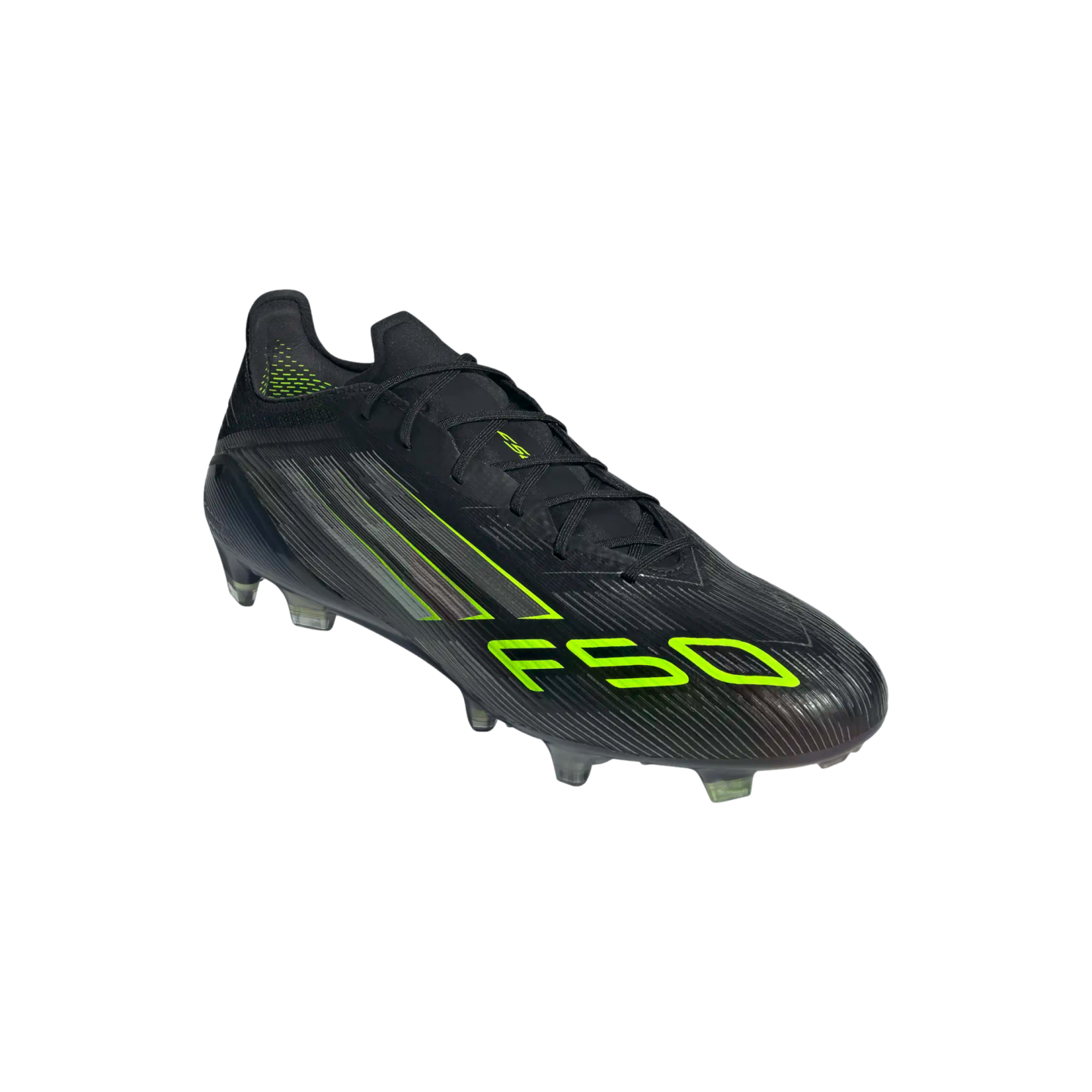 A black soccer cleat featuring neon green stripes and "F50" text on the side, with translucent studs on the sole, set against a black background.