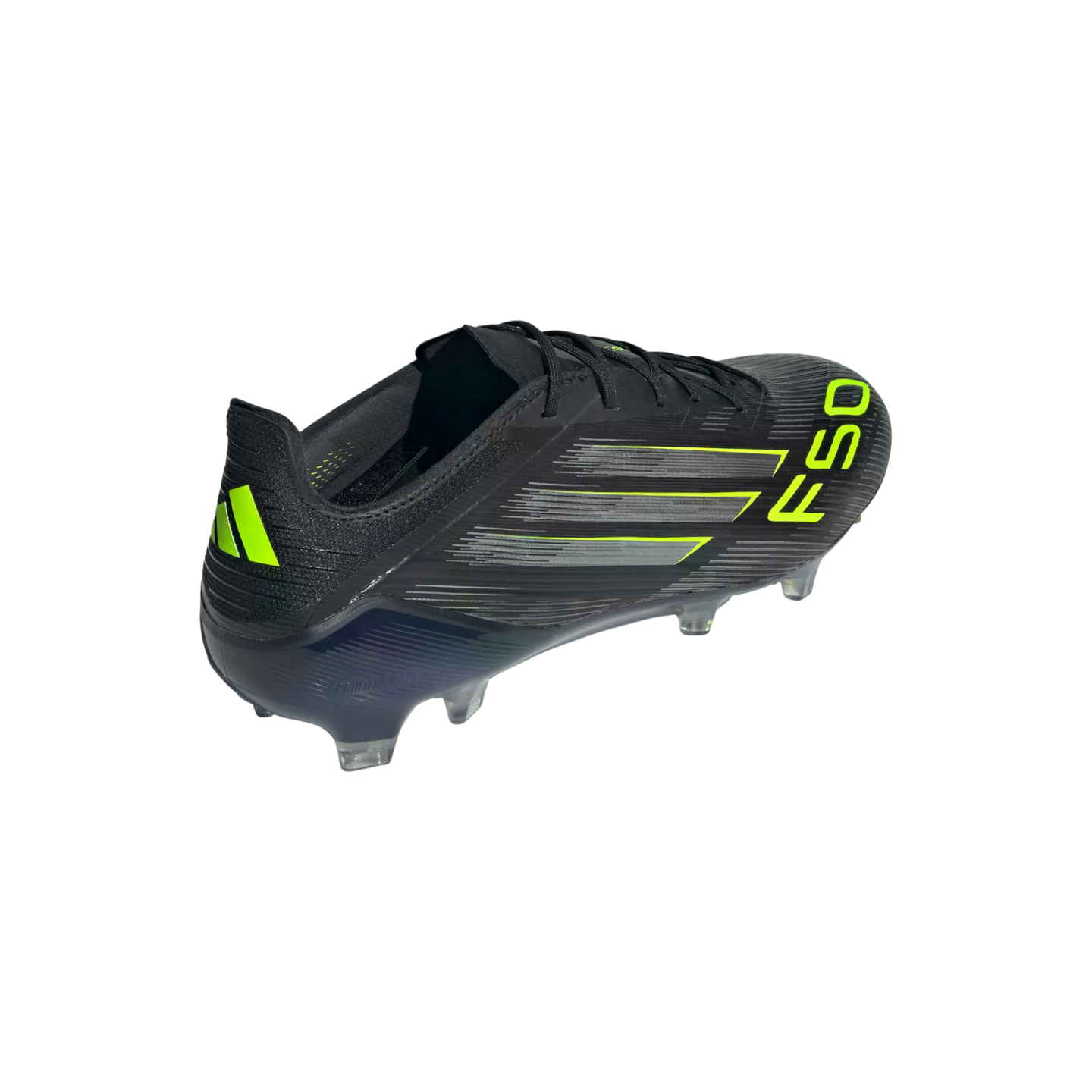 Black Adidas F50 soccer cleat with neon yellow accents and clear studs, shown from a rear-side angle on a black background.