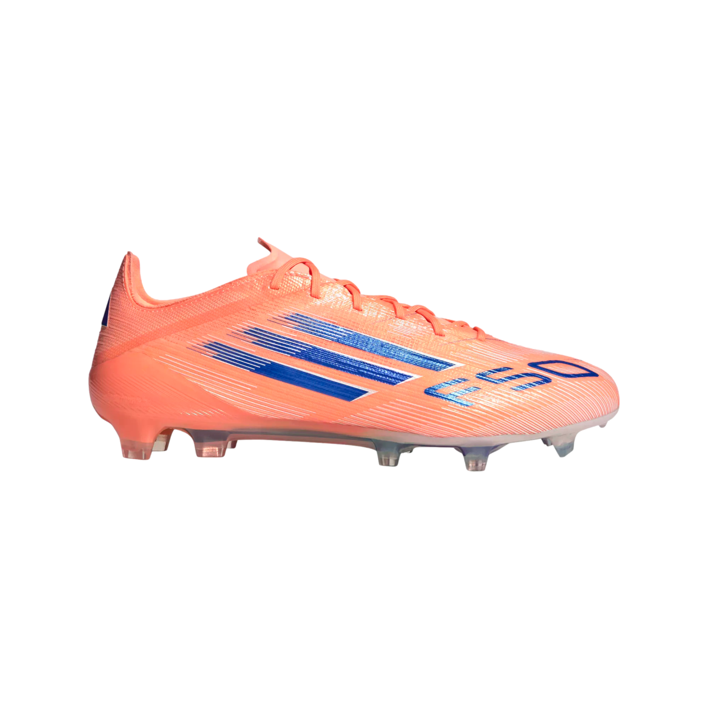 A coral-colored Adidas F50 soccer cleat with blue stripes and branding on a black background.