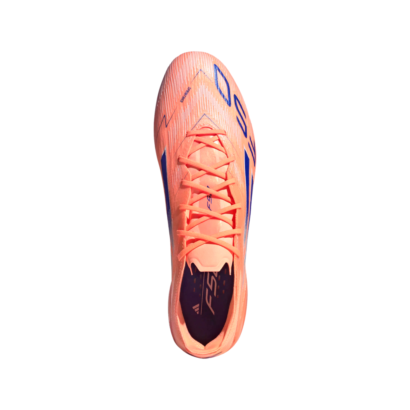 Top-down view of a bright orange Adidas F50 soccer cleat with blue accents, shown against a solid black background.