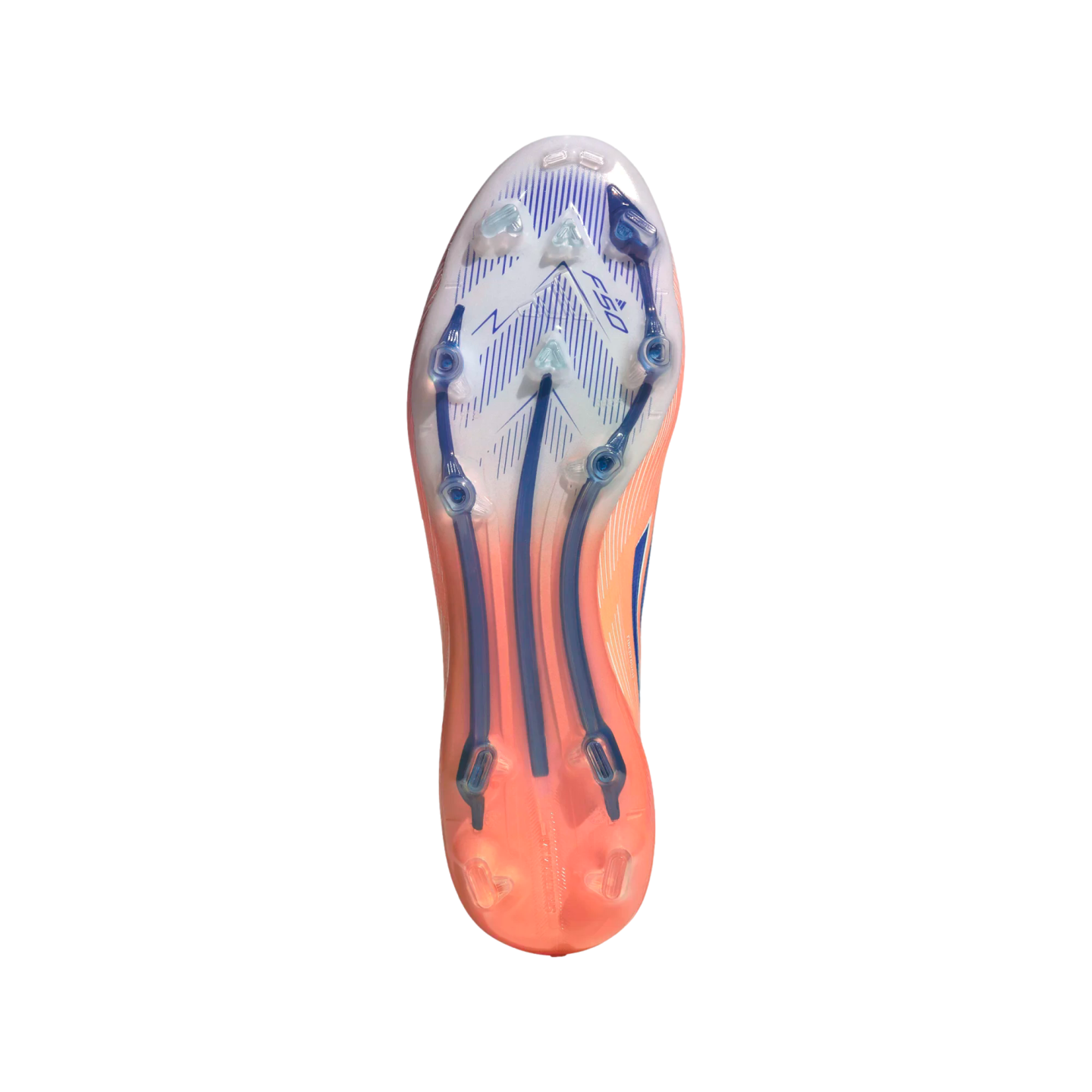 Bottom view of a soccer cleat soleplate featuring a white and coral design with translucent blue studs and structural ribs. The "F50" logo is visible on the forefoot.