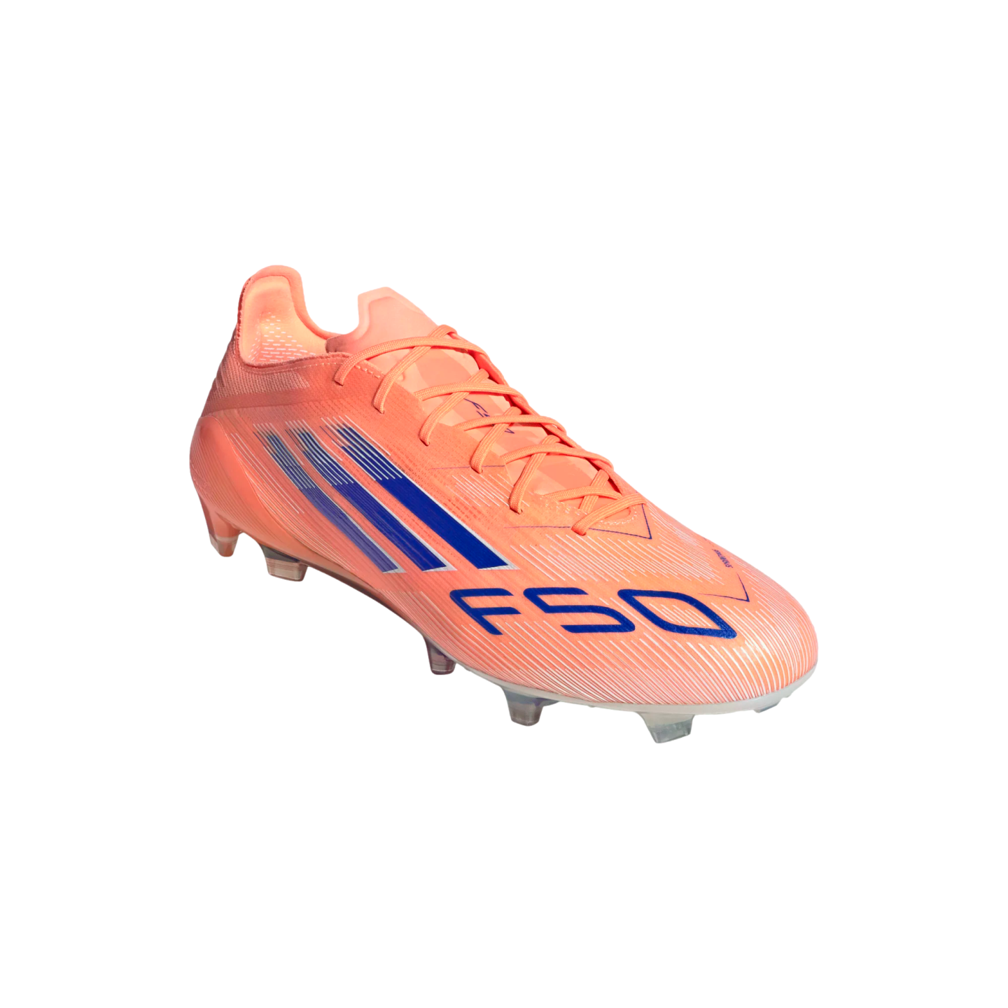 A vibrant orange soccer cleat with blue stripes and "F50" branding, positioned diagonally against a black background.
