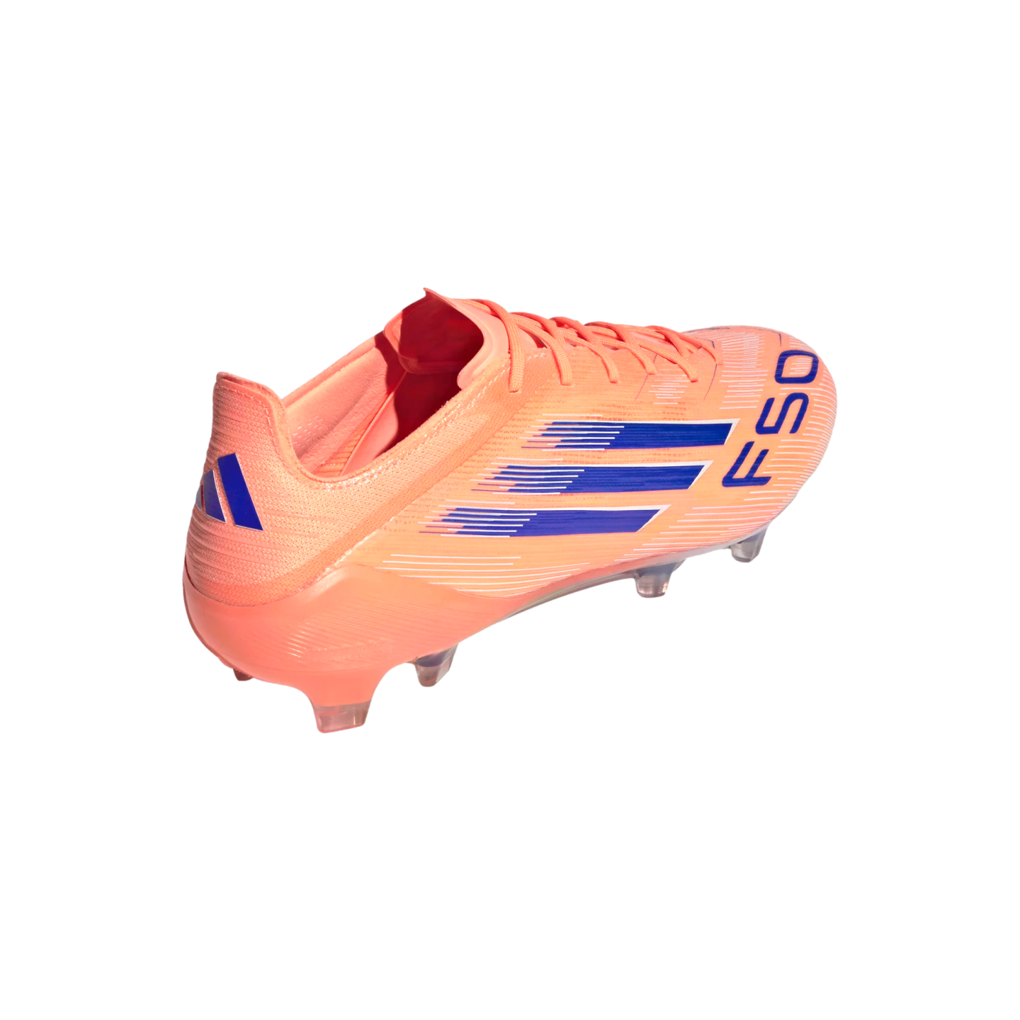 A bright coral Adidas F50 soccer cleat with blue accents, shown from a rear-side angle against a black background.