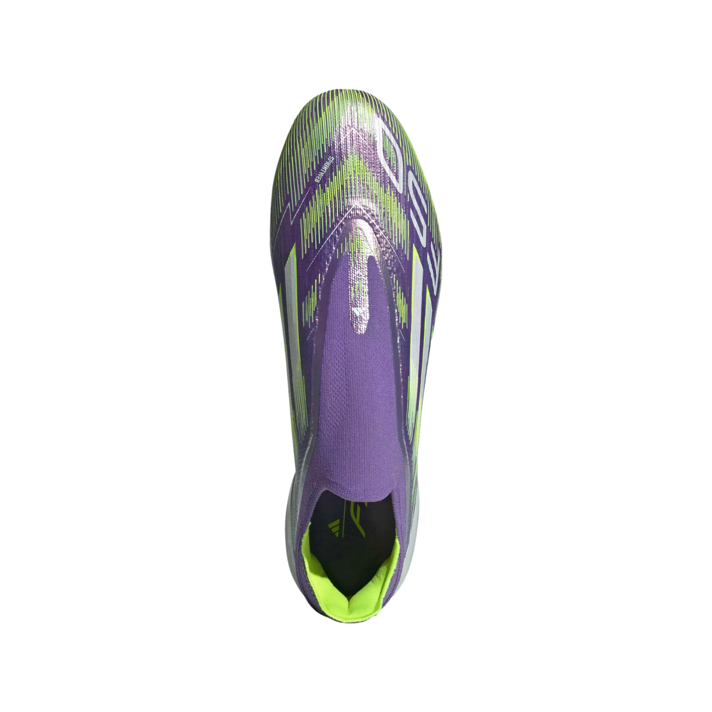 Top-down view of a laceless purple Adidas soccer cleat featuring neon green and silver graphic details on a black background.