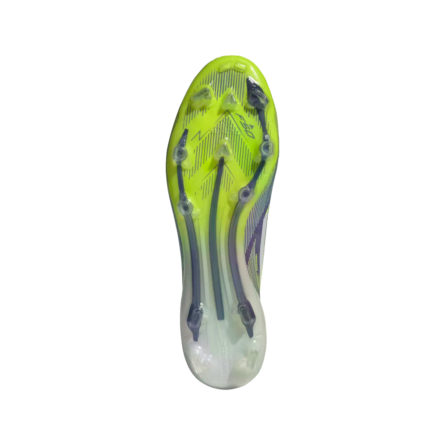 The neon yellow and white soleplate of an Adidas F50 soccer cleat, featuring iridescent purple studs and a bladed traction pattern against a black background.