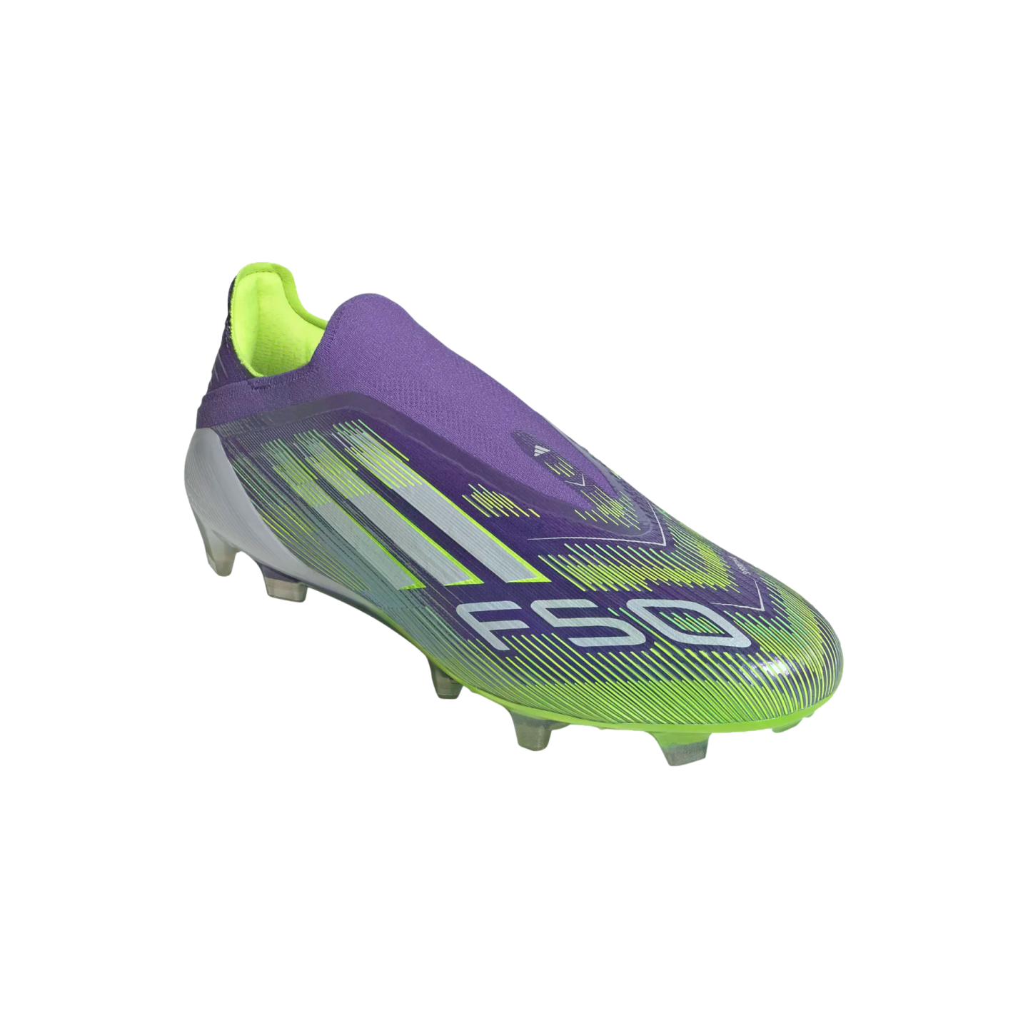 A laceless Adidas F50 soccer cleat in purple and neon green with bold graphic patterns, isolated against a black background.