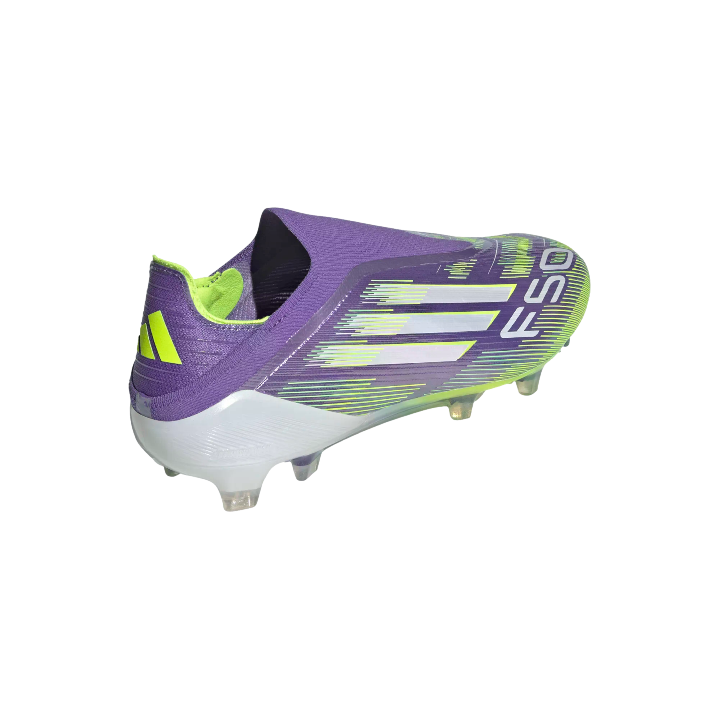 Purple and lime green Adidas F50 soccer cleat with white stripes and clear studs, shown from a side-rear angle against a black background.