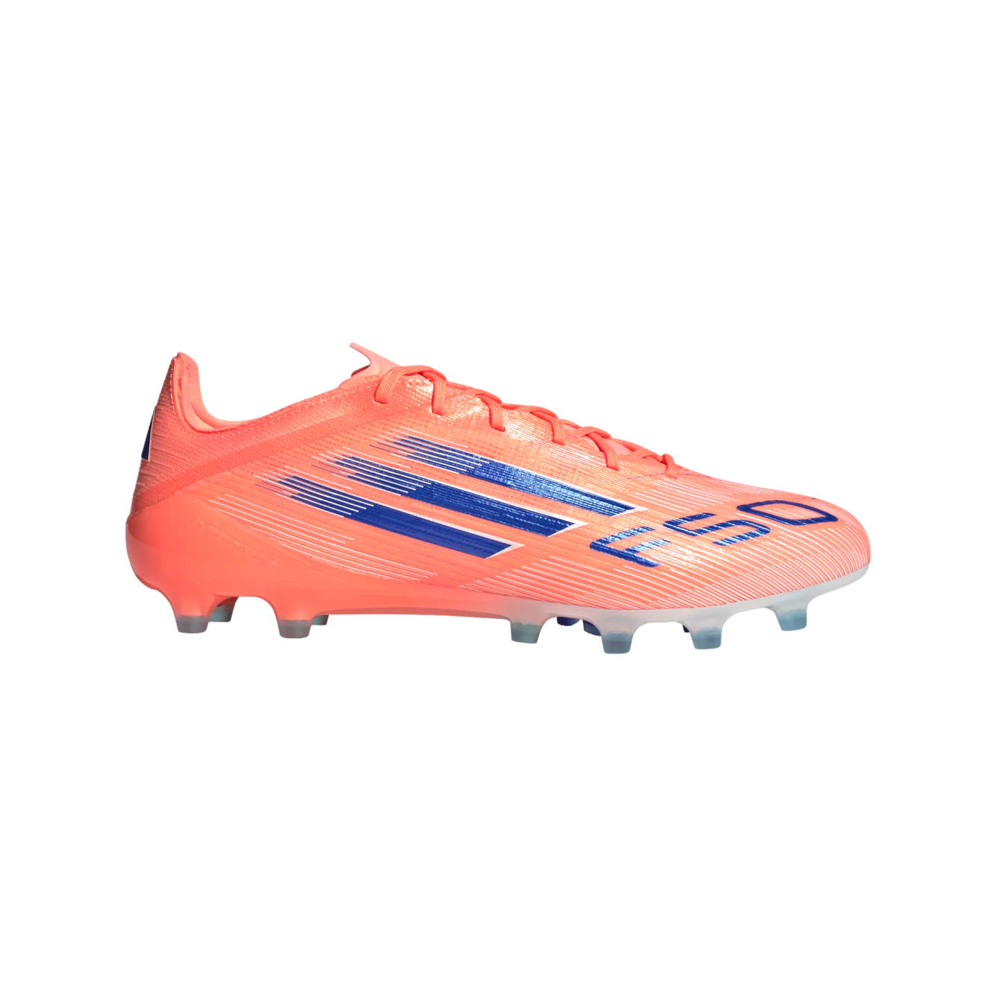 A bright orange Adidas F50 soccer cleat with blue diagonal stripes and "F50" branding, set against a solid black background.