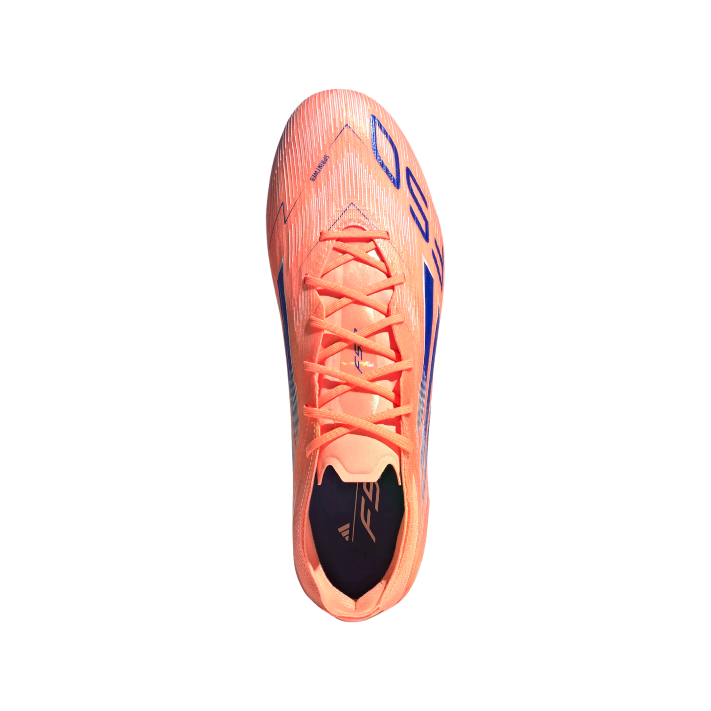 Top-down view of a bright orange Adidas F50 soccer cleat with blue accents and orange laces against a solid black background.