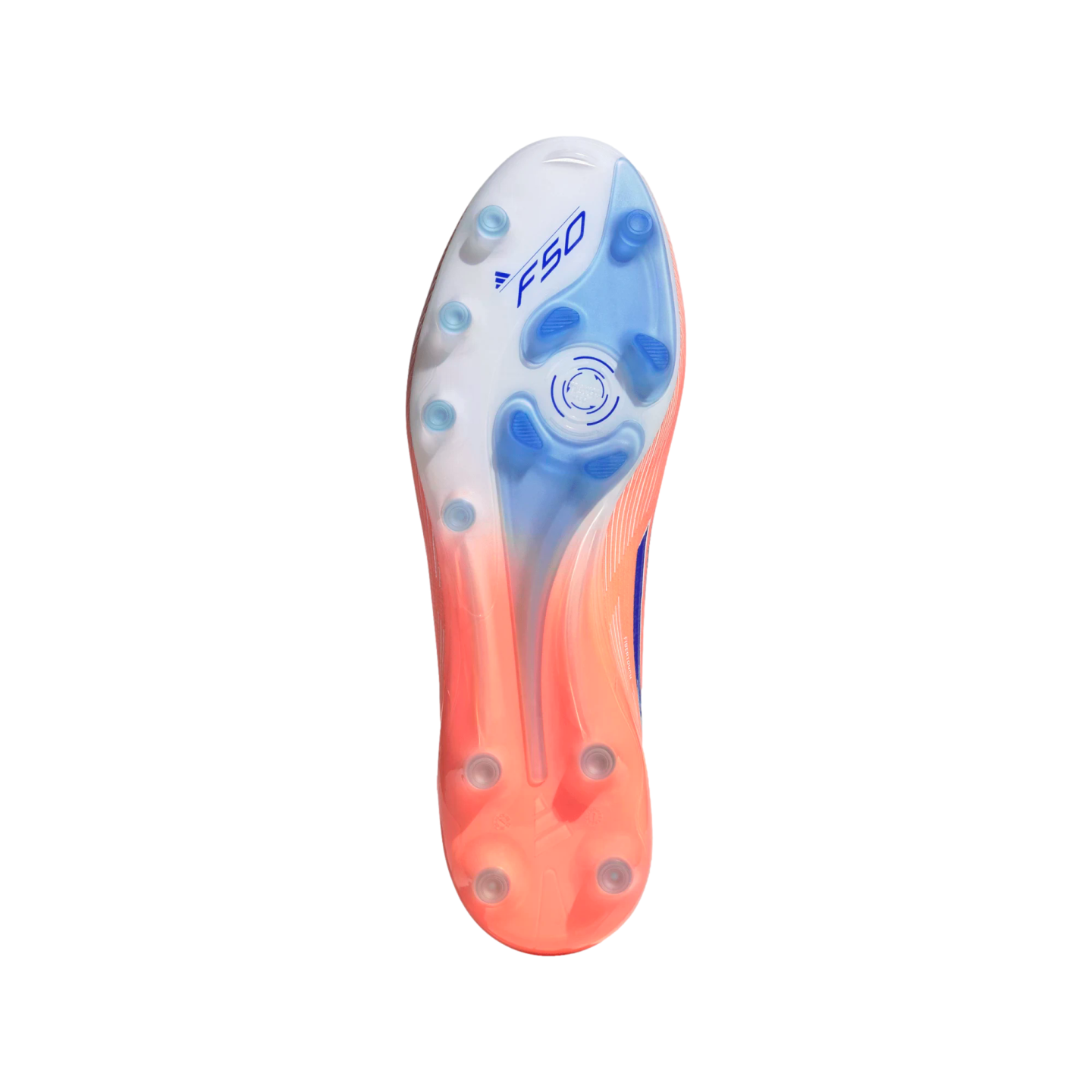 Bottom view of an Adidas F50 soccer cleat soleplate with a white, blue, and peach gradient and translucent studs on a black background.