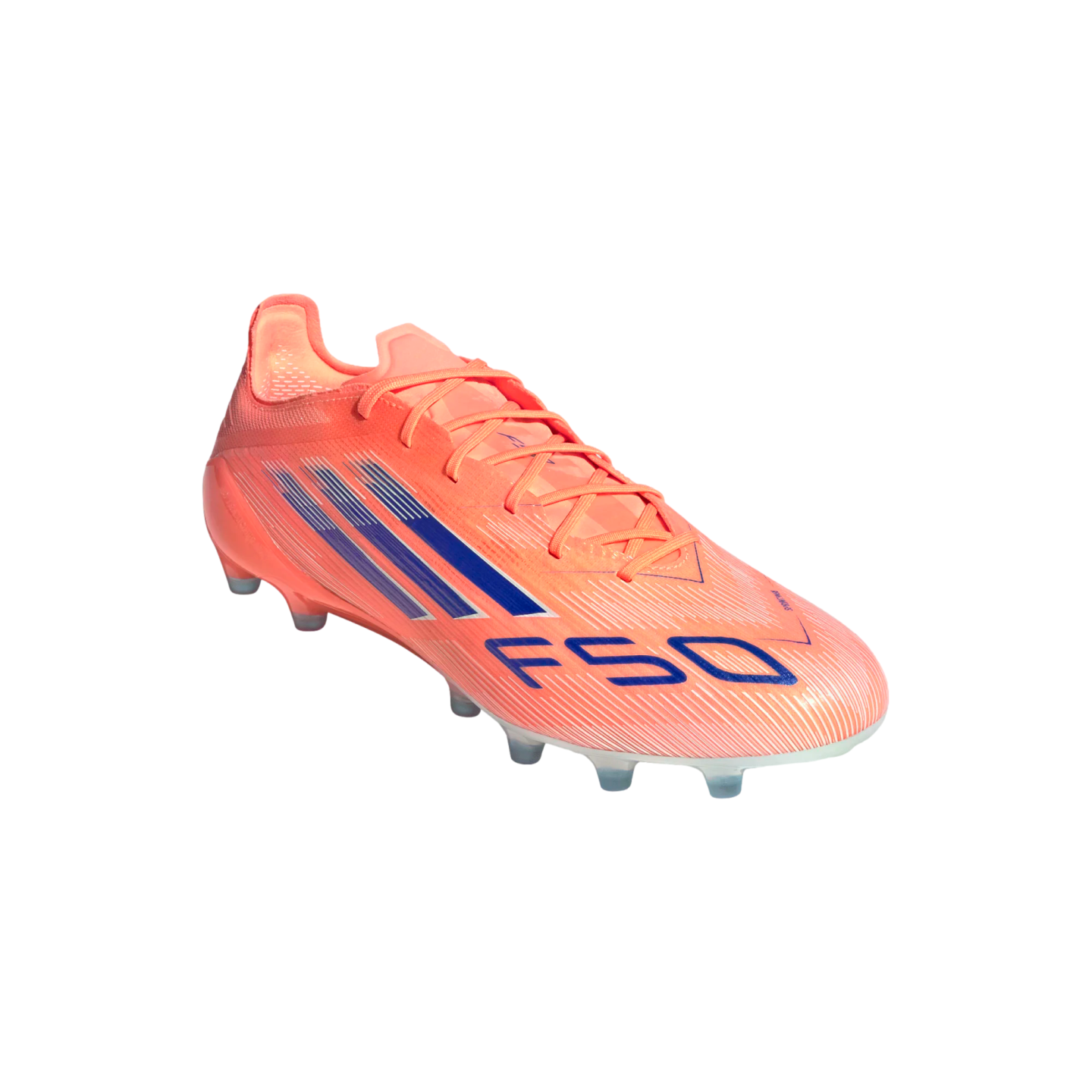 Bright orange Adidas F50 soccer cleat featuring blue diagonal stripes and "F50" branding, set against a black background.