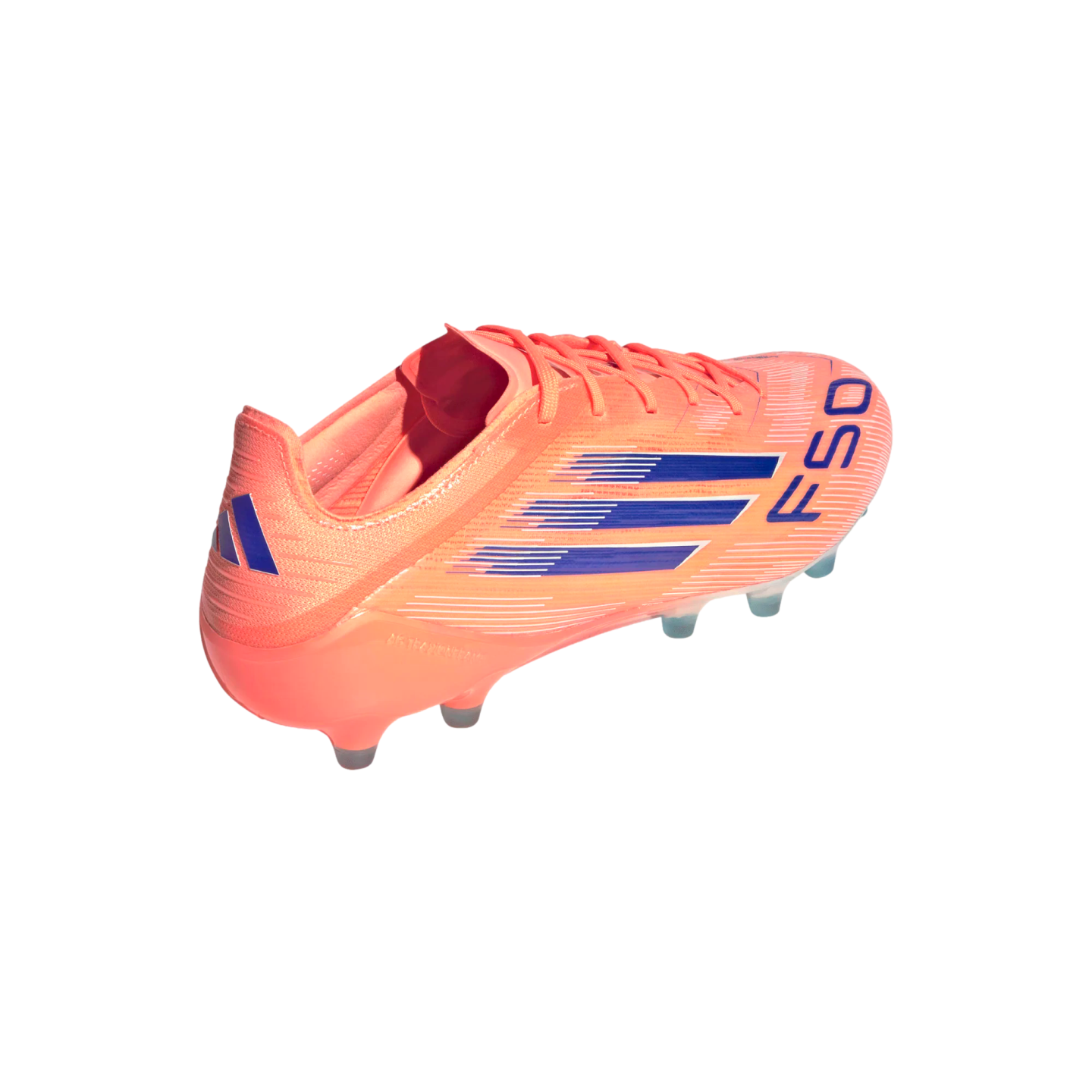 Salmon pink Adidas F50 soccer cleat with navy blue stripes and studs, viewed from a side-rear angle against a black background.