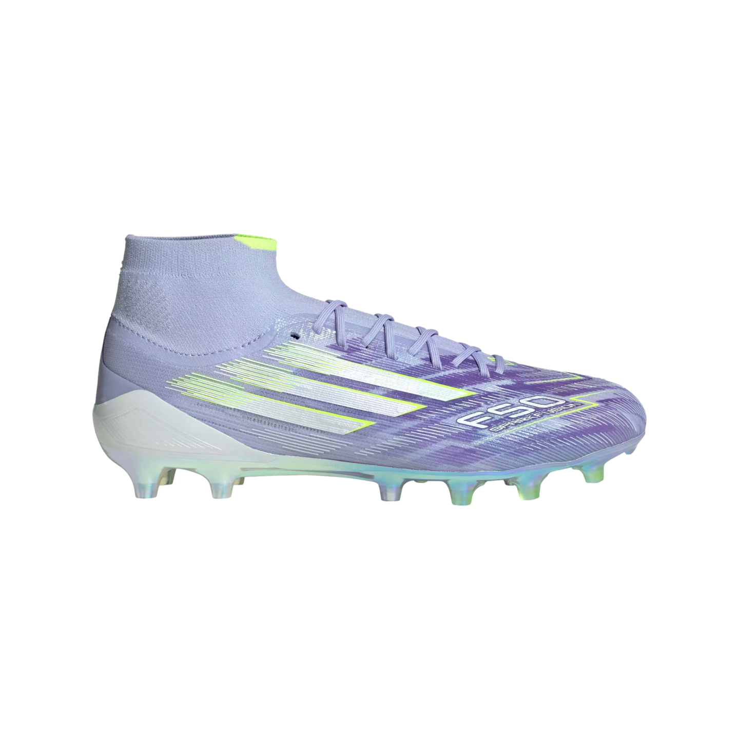 Side profile of a lavender Adidas F50 soccer cleat with white stripes and lime green accents, featuring a mid-cut collar, set against a solid black background.