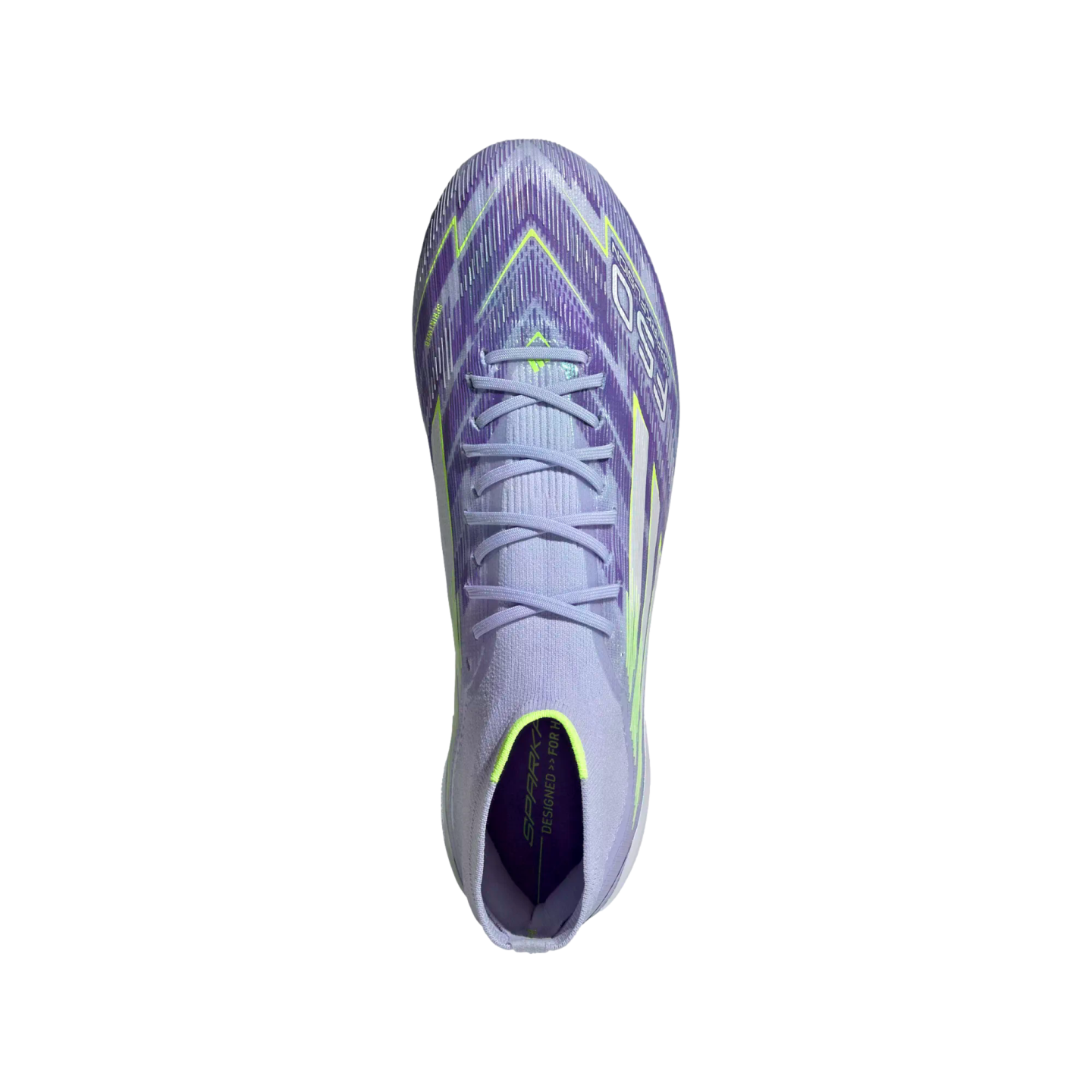 Top-down view of a lavender purple and neon green soccer cleat featuring a textured upper and light purple laces.