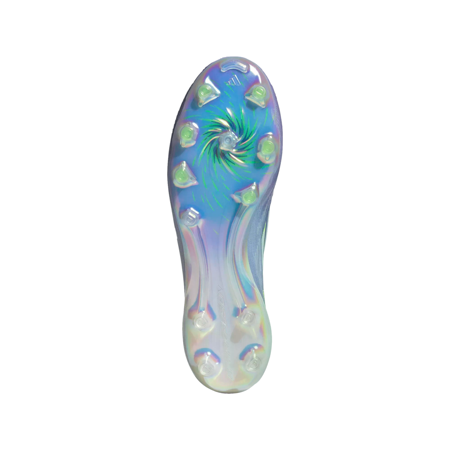 Bottom view of an iridescent blue and purple soccer cleat soleplate with a central green spiral design and clear, green-accented studs.