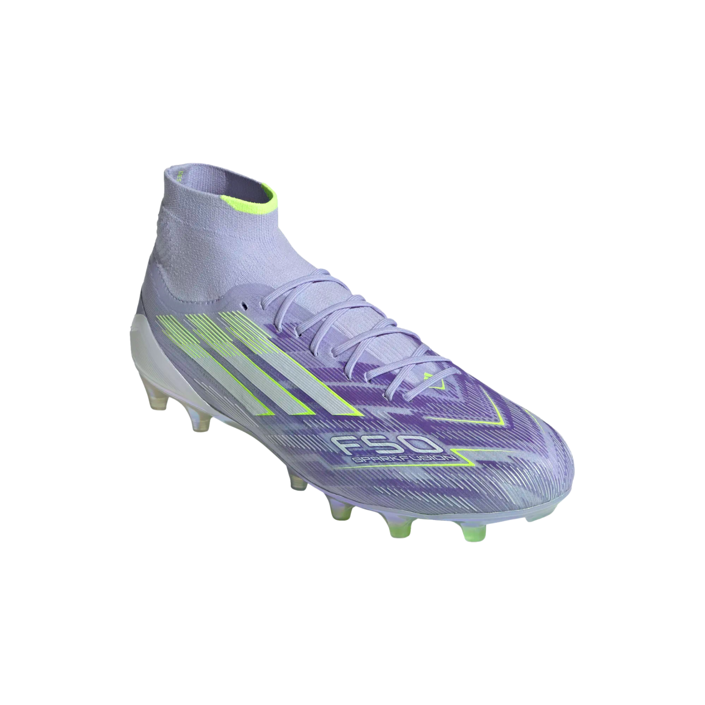 Purple and light blue high-top soccer cleat with neon yellow accents, "F50 SPARKFUSION" branding, and three diagonal stripes.