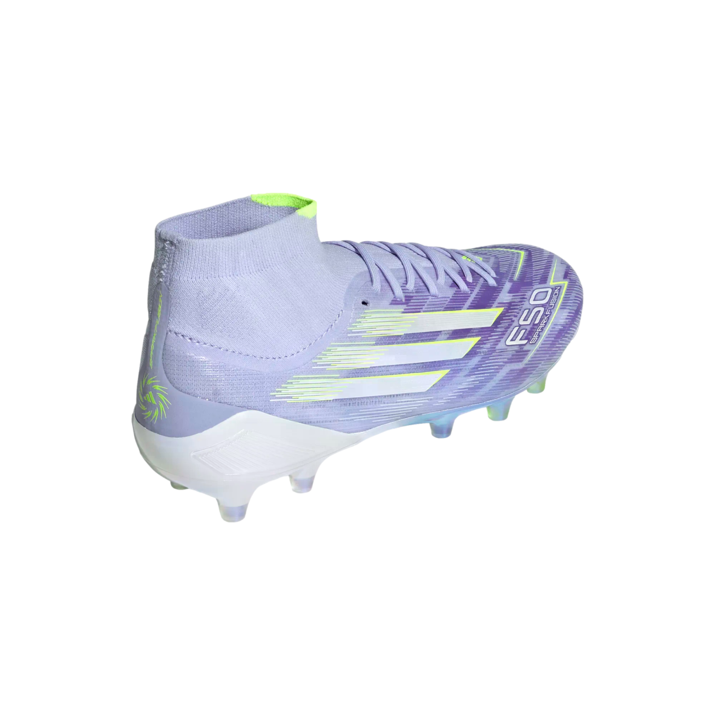 A light purple Adidas F50 soccer cleat with a lime green high-top collar and white stripes, shown against a solid black background.