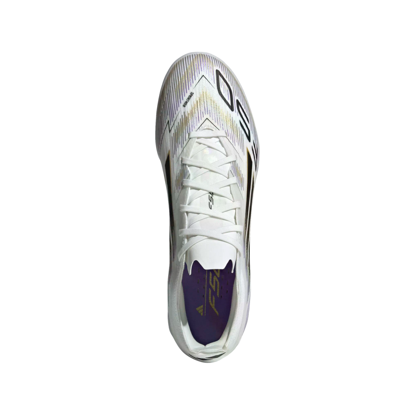 A top-down view of a white, low-cut soccer cleat with iridescent gold and purple details and white laces, shown against a solid white background.