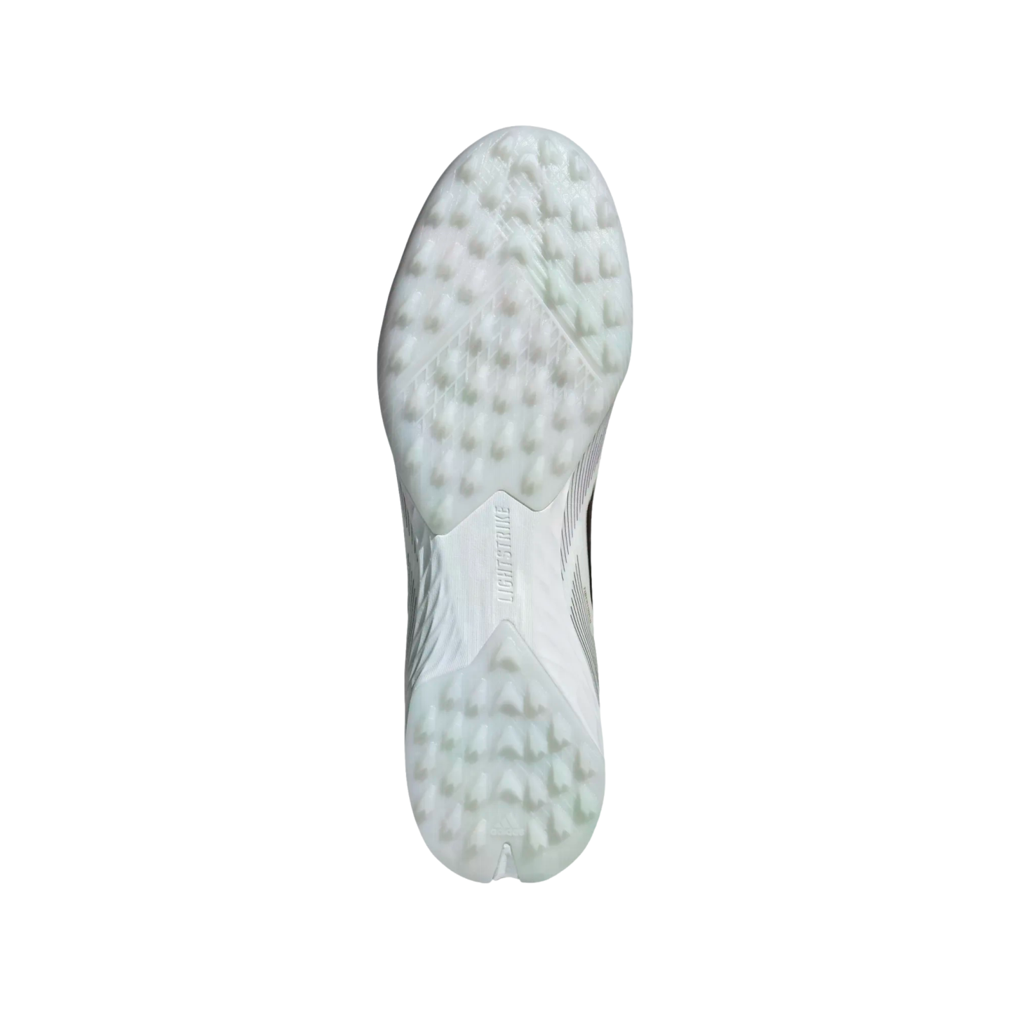 Bottom view of a white athletic shoe sole featuring numerous small translucent studs and "LIGHTSTRIKE" text on the midfoot.