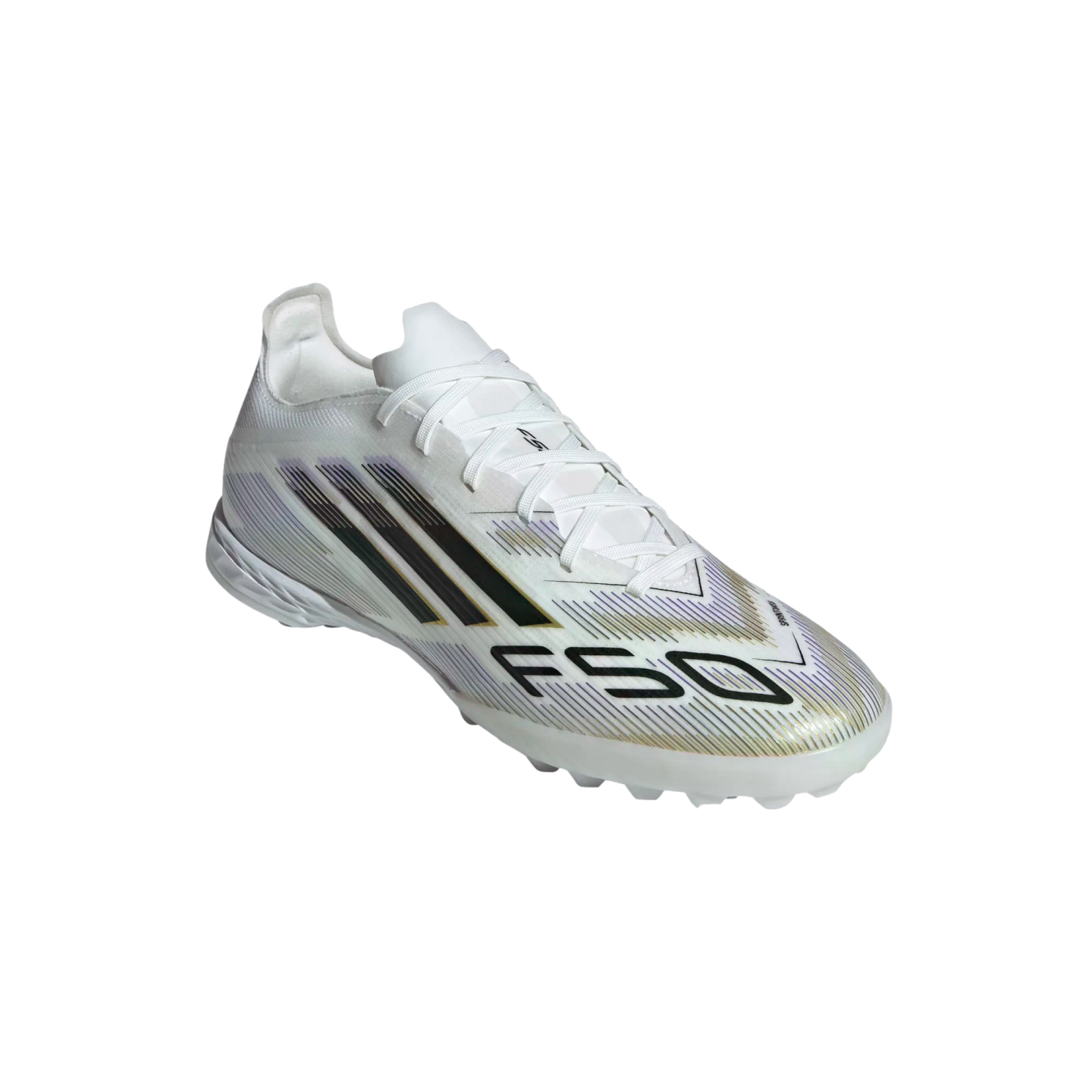 A white Adidas F50 soccer cleat with black and gold accents, featuring "F50" branding on the side and white laces, shown against a plain white background.