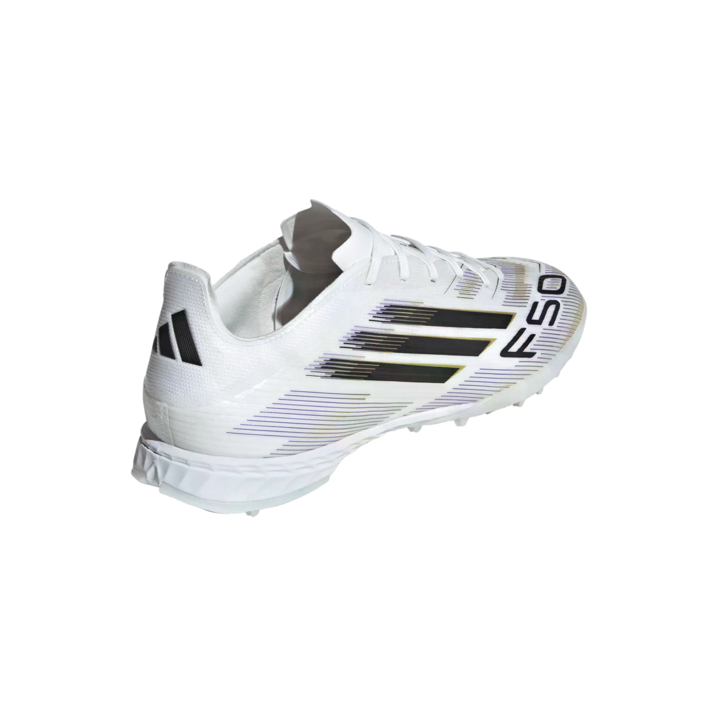 A white Adidas F50 soccer cleat with black stripes and branding, shown from a rear-quarter perspective.