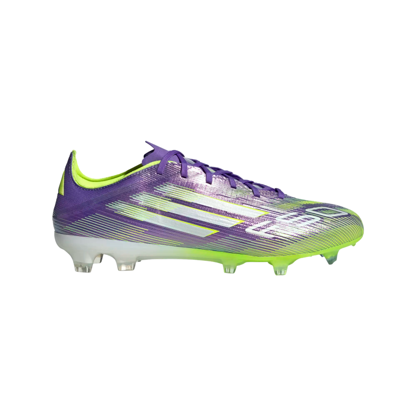 Purple and lime green Adidas F50 soccer cleat featuring silver accents, white stripes, and clear studs on a black background.