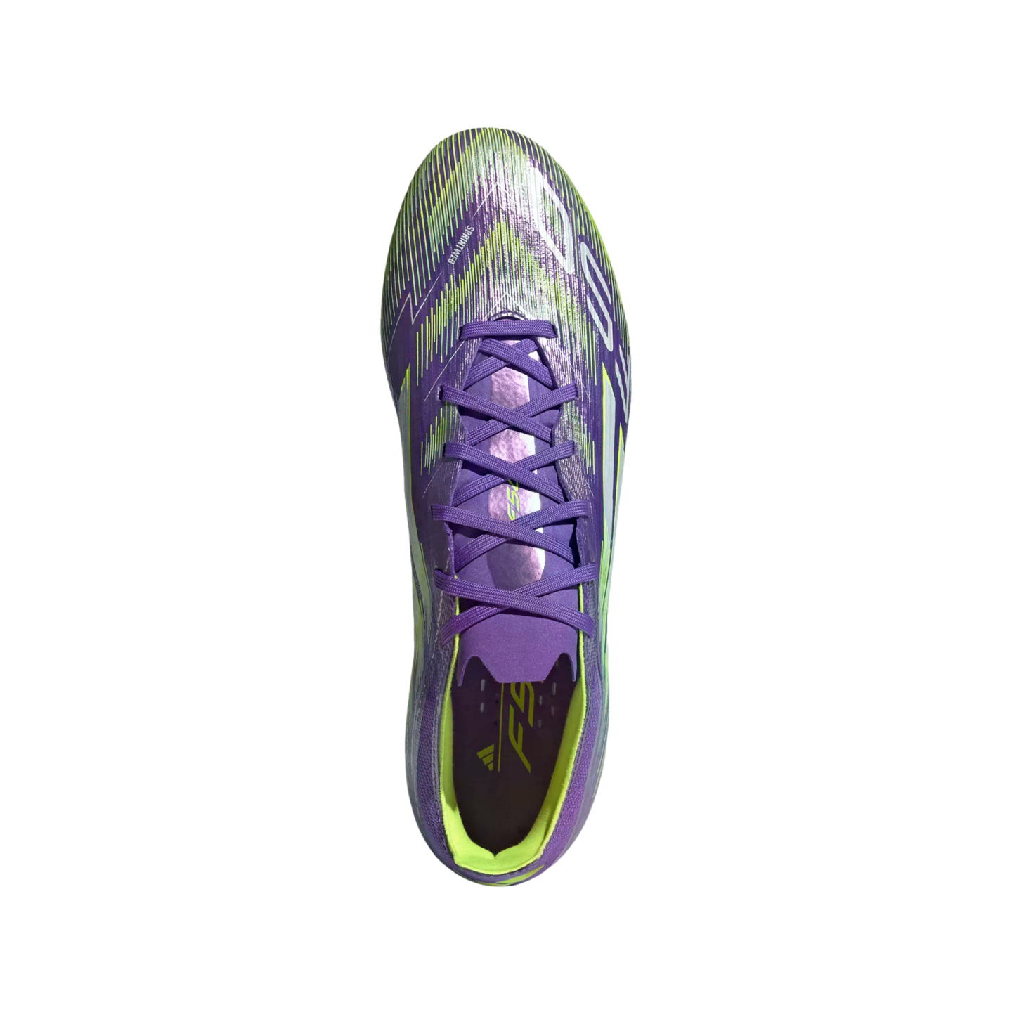 Top-down view of a purple and neon green Adidas soccer cleat on a solid black background.