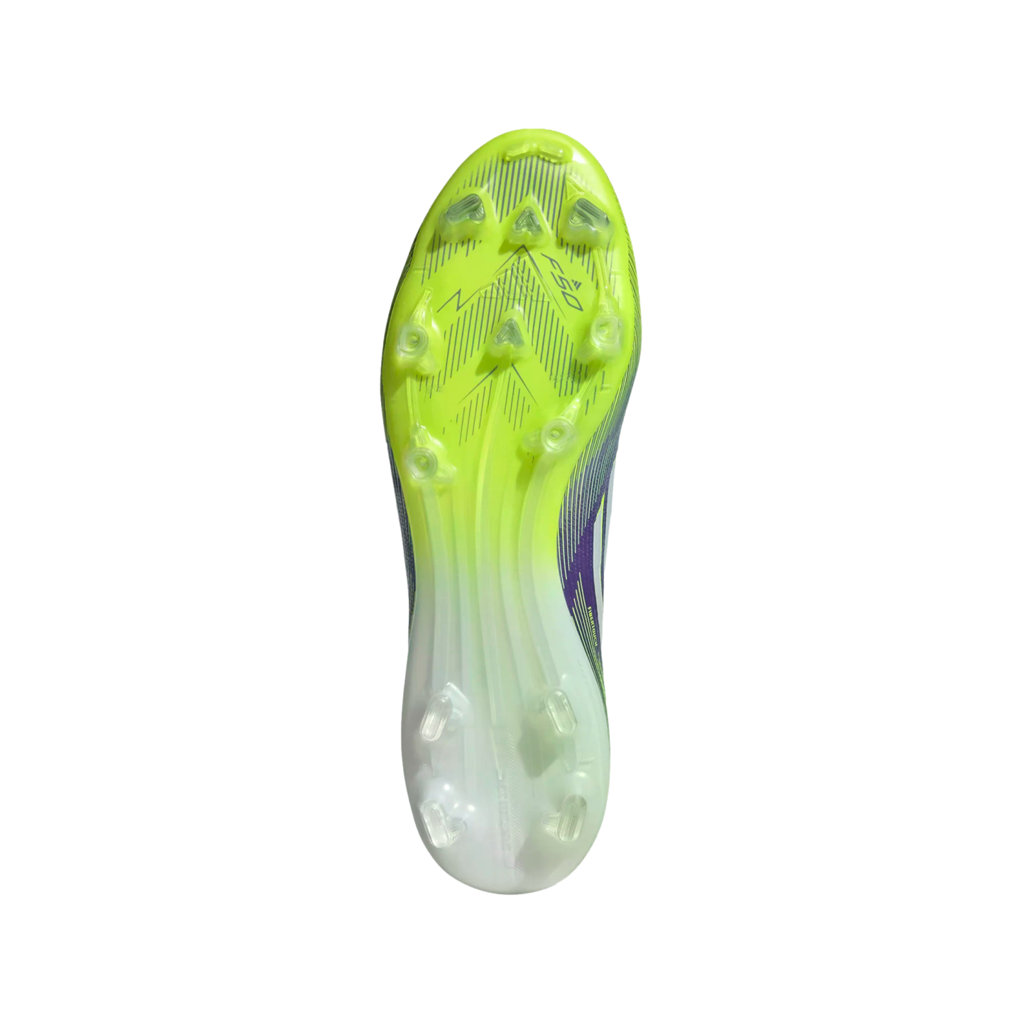 Underside of a lime green and white soccer cleat showing translucent studs and F50 branding against a black background.
