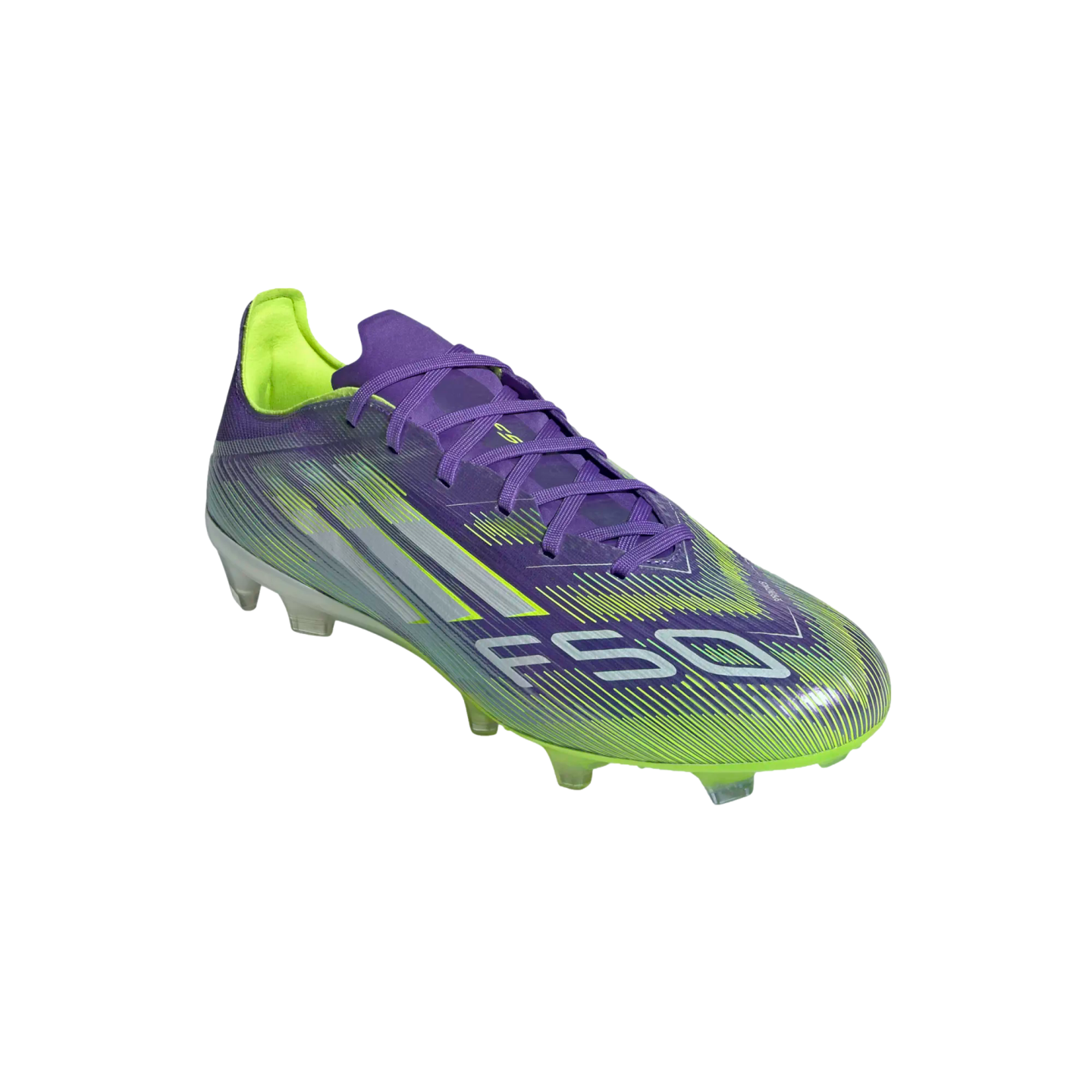 A purple and lime green Adidas F50 soccer cleat with silver accents and prominent branding on the toe.