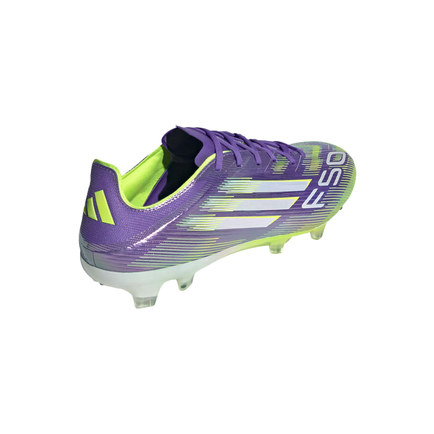 Rear side view of a purple and lime green Adidas F50 soccer cleat with white stripes and clear studs, set against a black background.