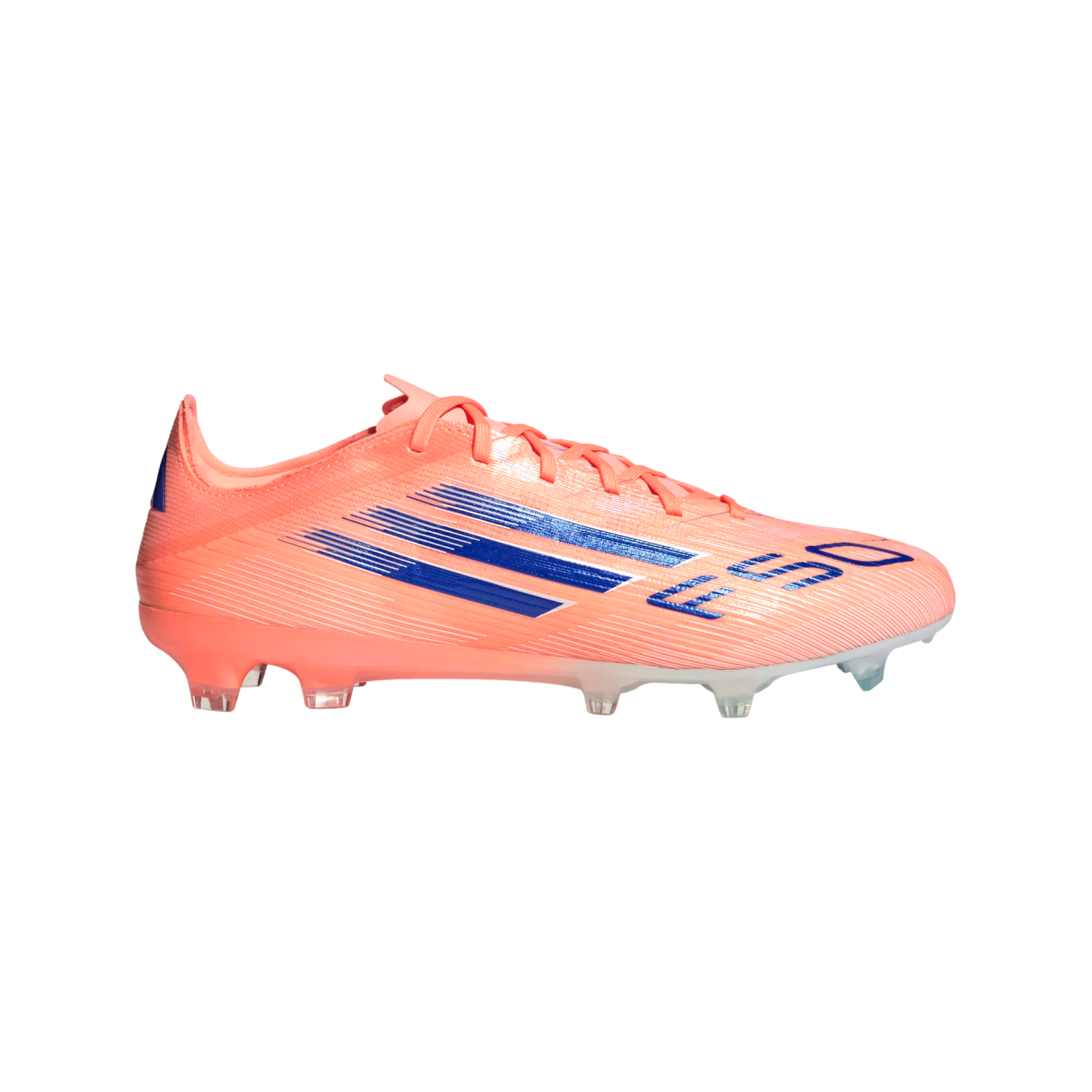 Side view of a bright coral Adidas F50 soccer cleat with blue stripes and branding on a black background.
