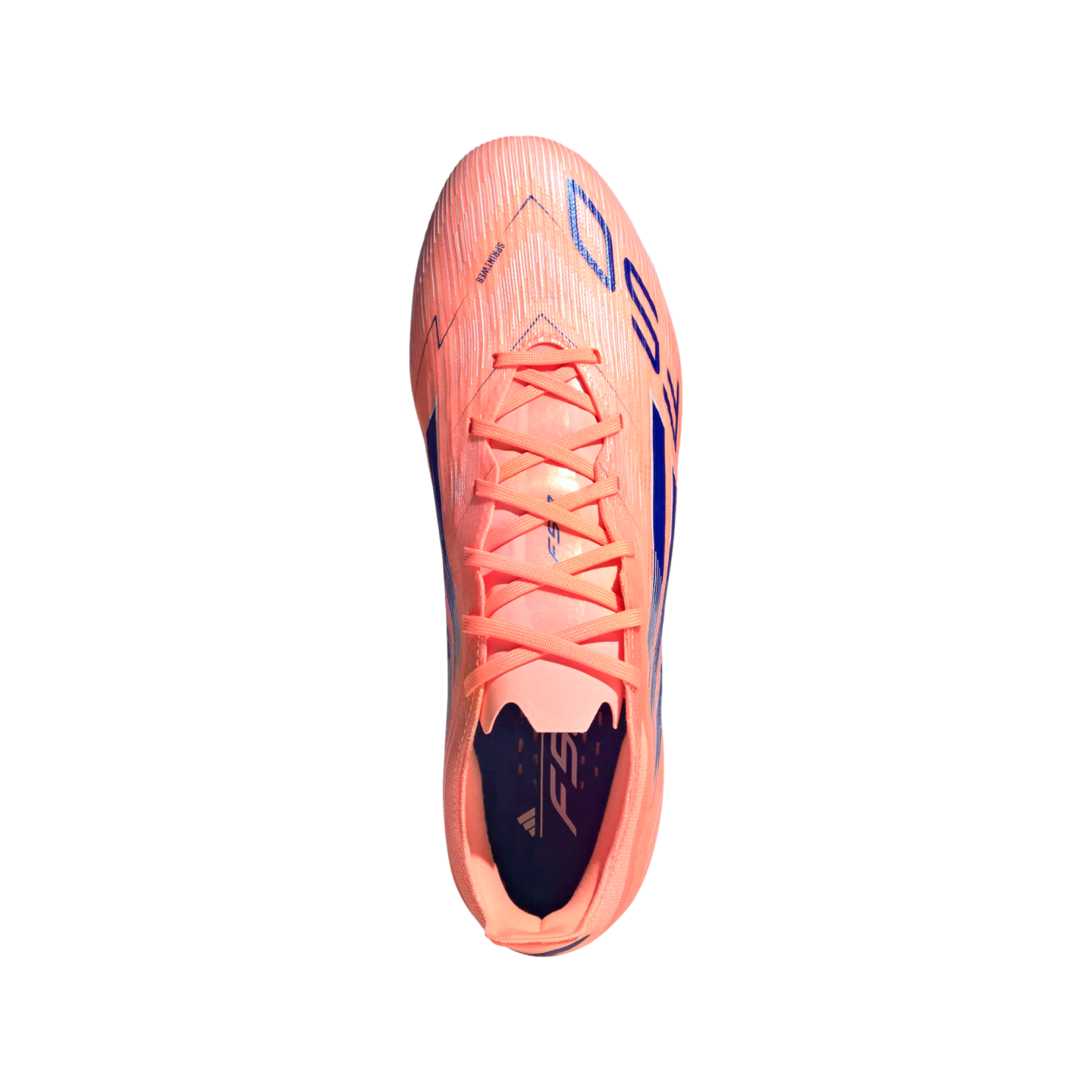 Top-down view of a salmon-colored Adidas F50 soccer cleat with blue graphics and matching laces, set against a solid black background.