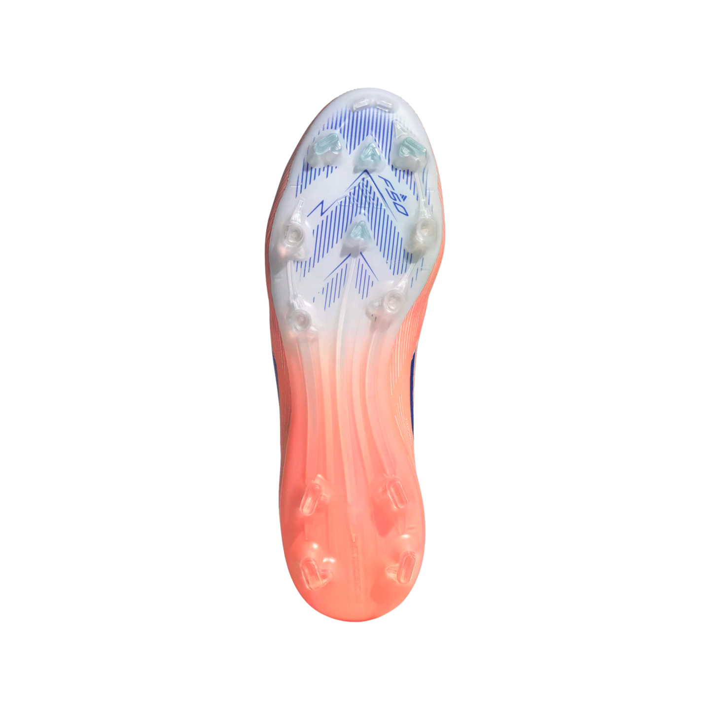 Bottom view of an Adidas F50 soccer cleat soleplate with a white, blue, and peach gradient and translucent studs, set against a black background.