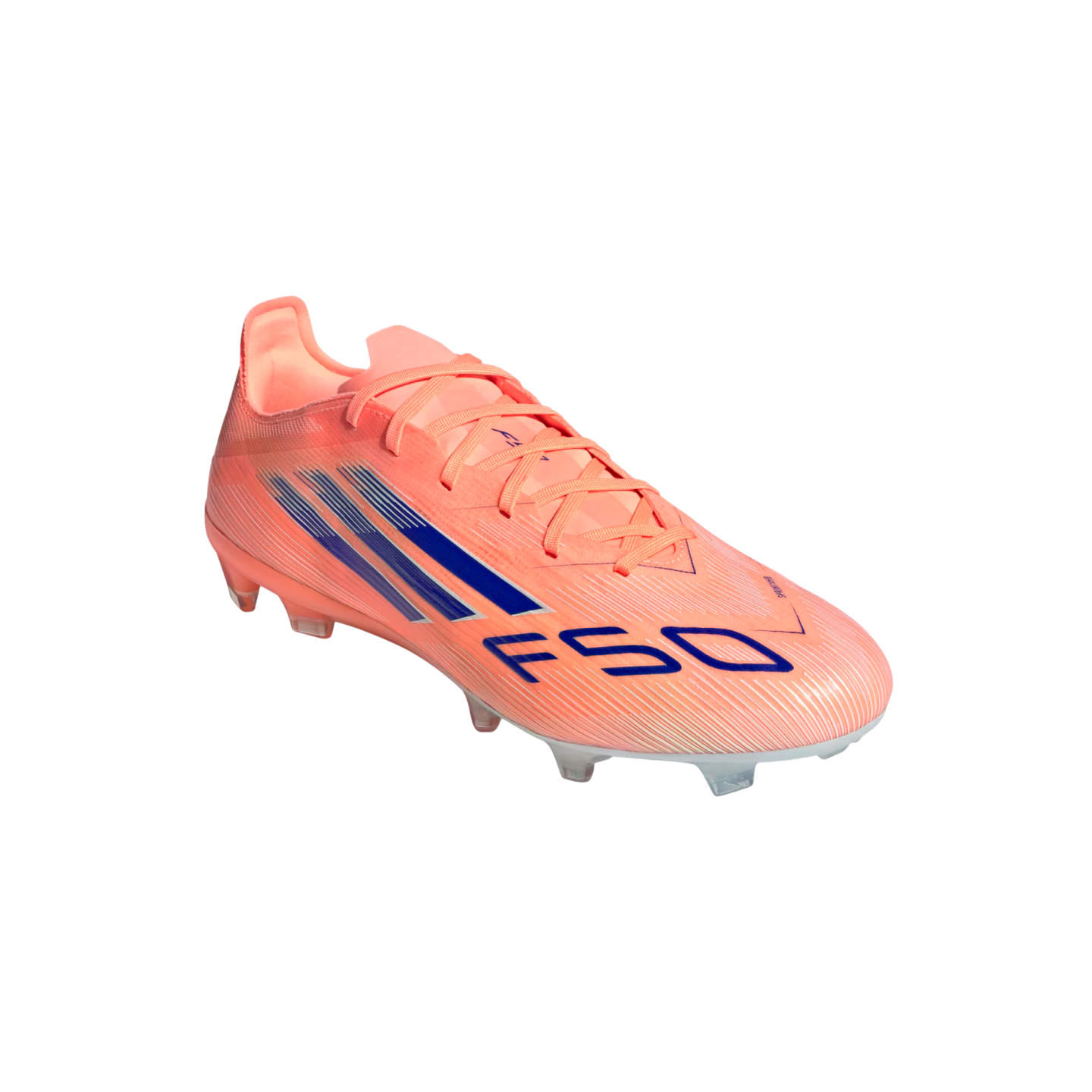 A peach-colored Adidas F50 soccer cleat with blue stripes and logo, set against a solid black background.