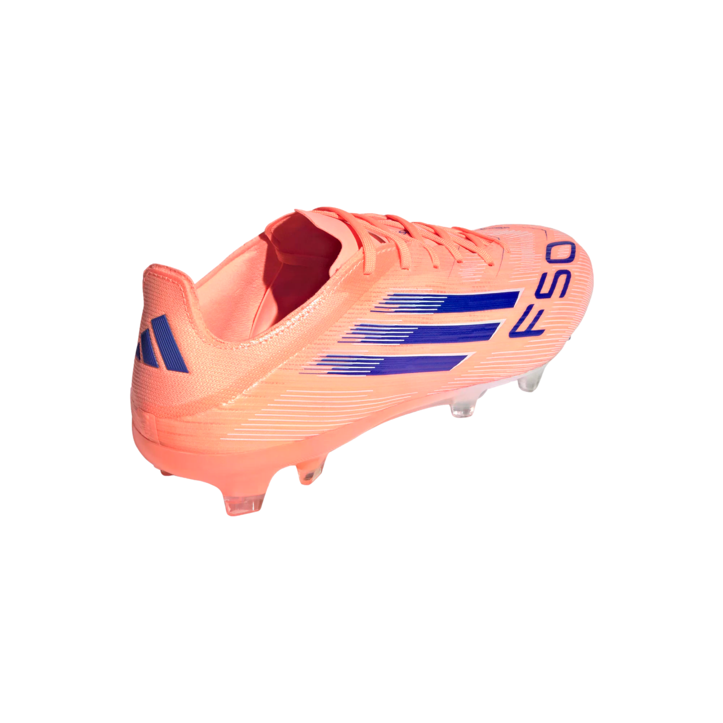 An orange and blue Adidas F50 soccer cleat shown from a rear side angle against a solid black background.