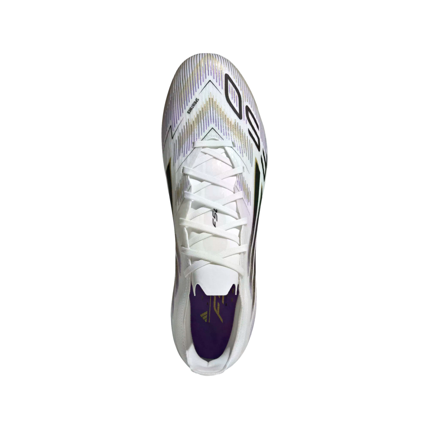 Top-down view of a white athletic track spike featuring iridescent gold and purple line patterns, white laces, and a purple insole.