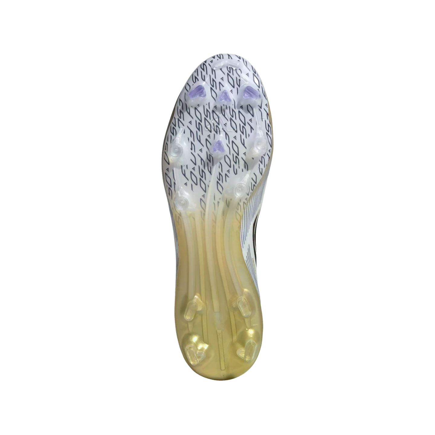 Underside of an Adidas F50 soccer boot showing a white patterned forefoot transitioning into a translucent gold soleplate with clear and purple studs.