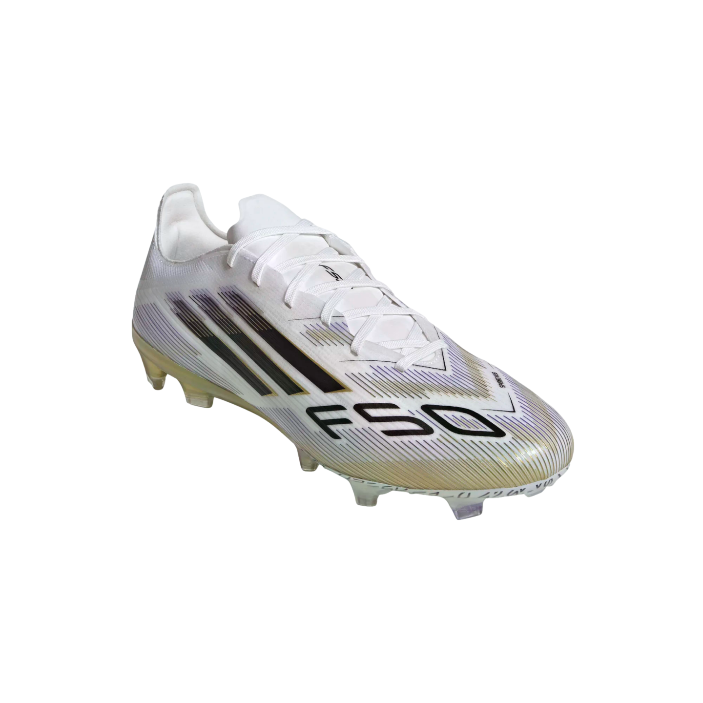 A white Adidas F50 soccer cleat with black three-stripes and iridescent gold accents, isolated on a white background.