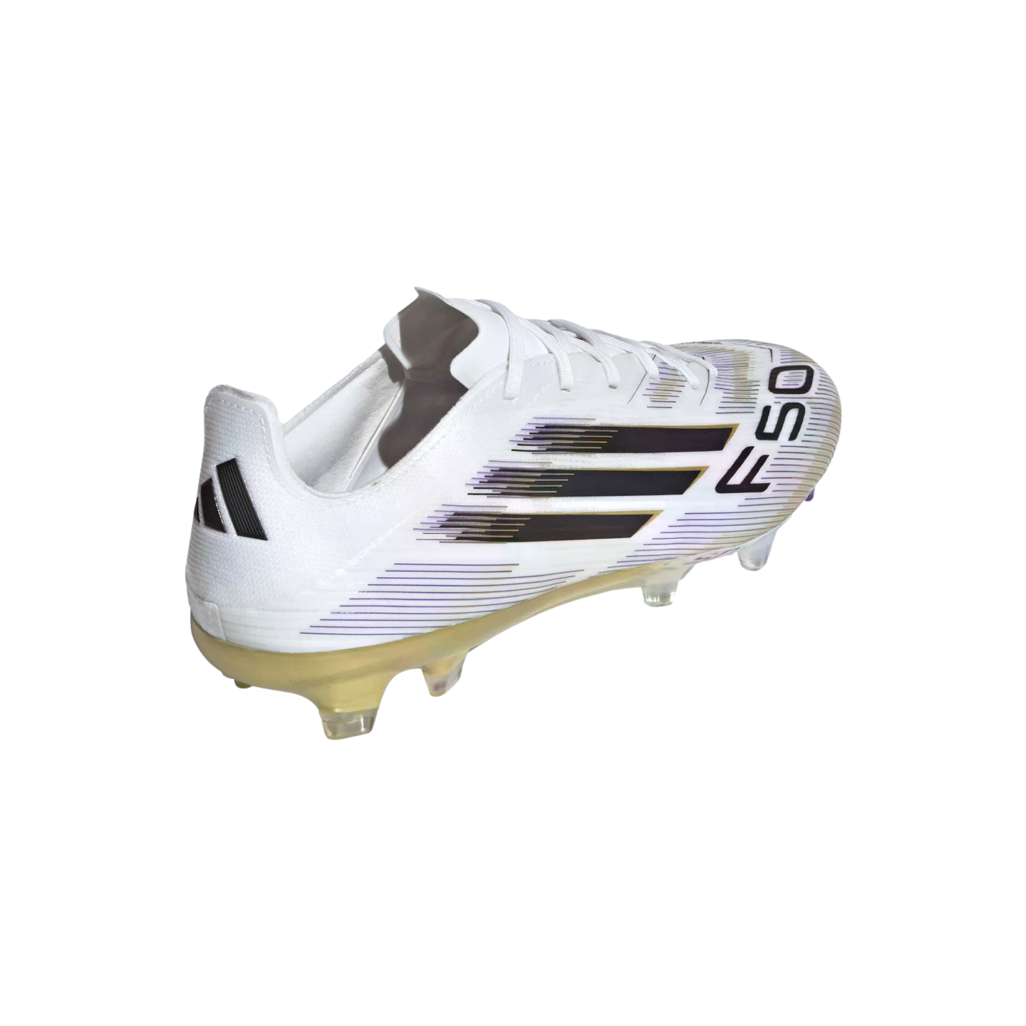 A white Adidas F50 soccer cleat with black stripes and gold-toned studs, positioned on a white background.