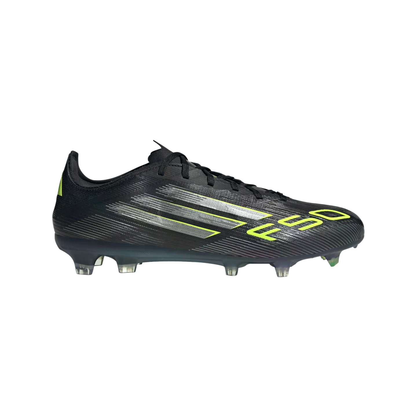 Side-profile view of a black Adidas F50 soccer cleat with silver stripes and yellow branding, isolated on a black background.