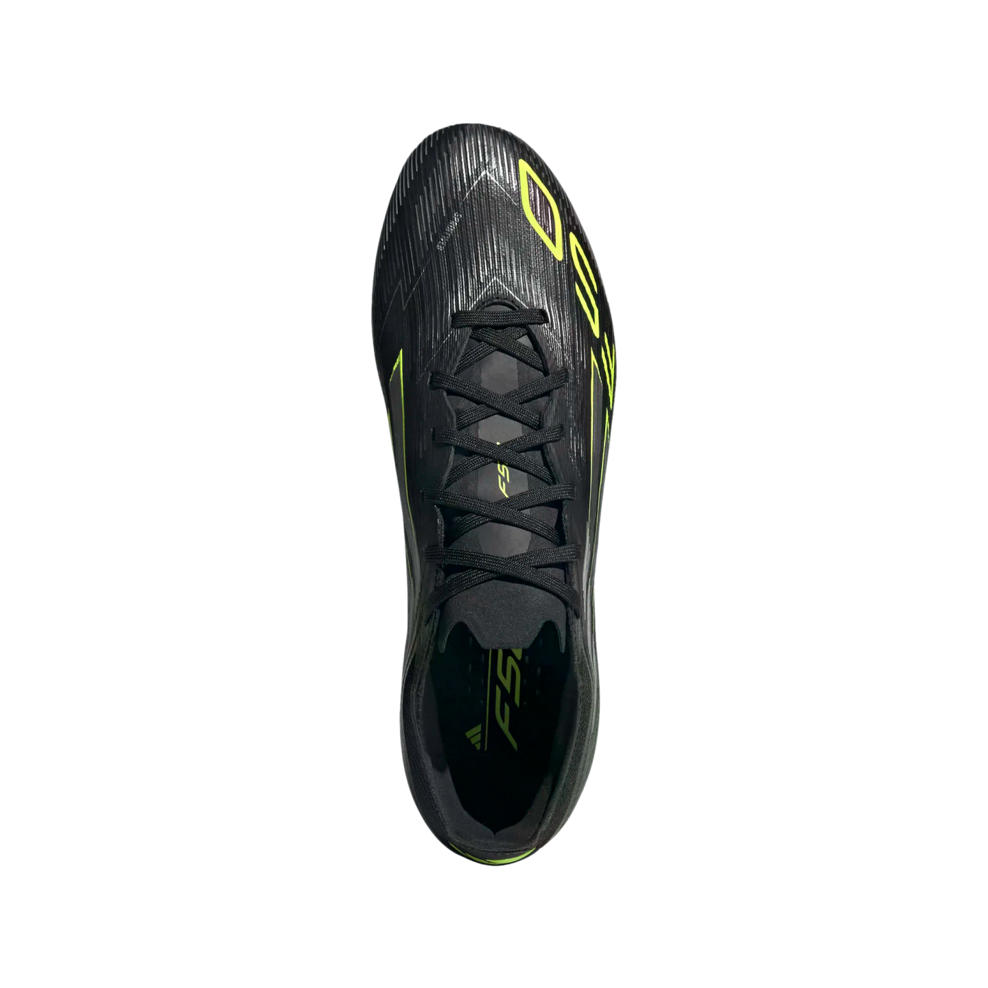 Top-down view of a black Adidas F50 soccer cleat with neon green accents and black laces against a black background.