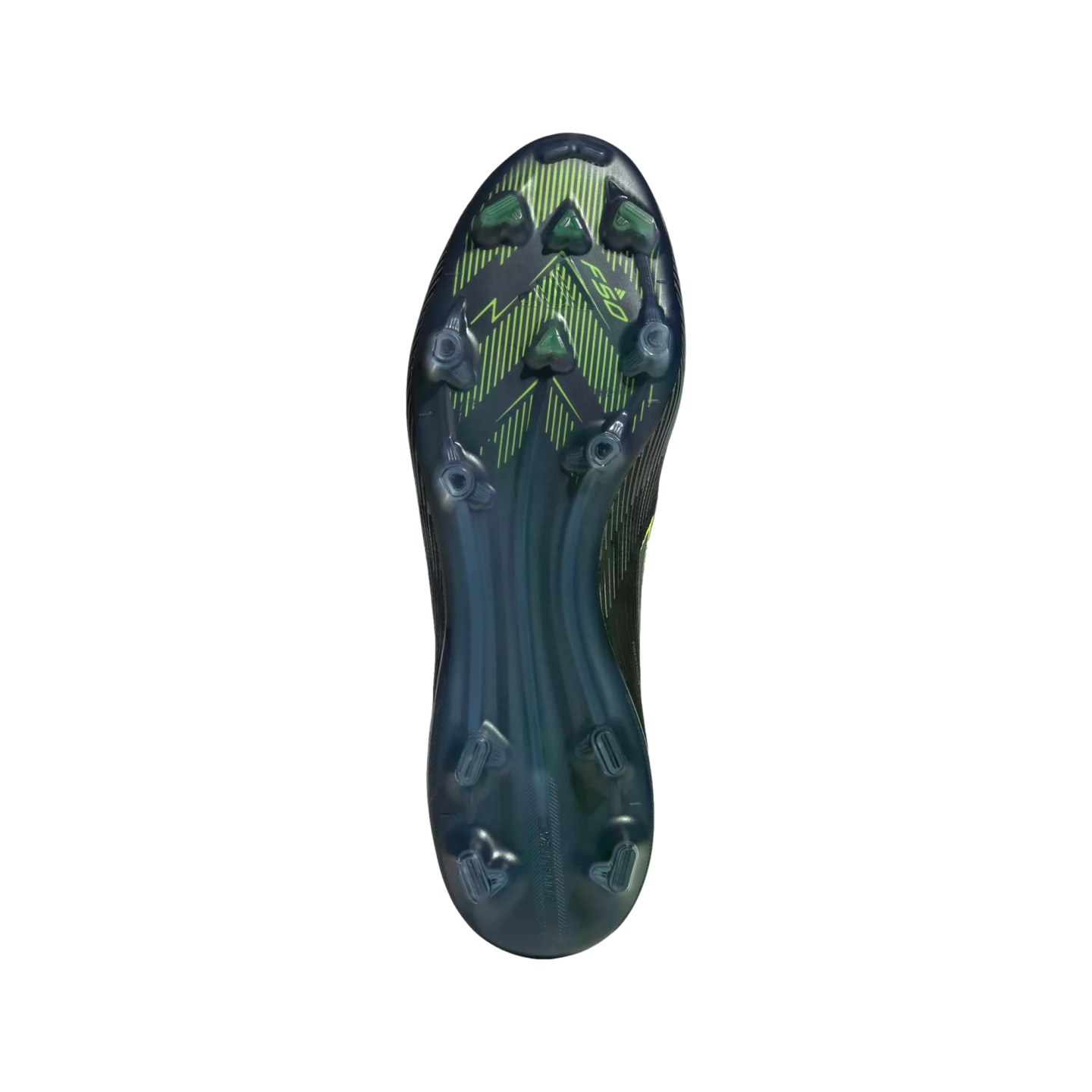 Sole of a dark blue Adidas F50 soccer cleat featuring neon green geometric designs and a variety of studs for traction, set against a black background.