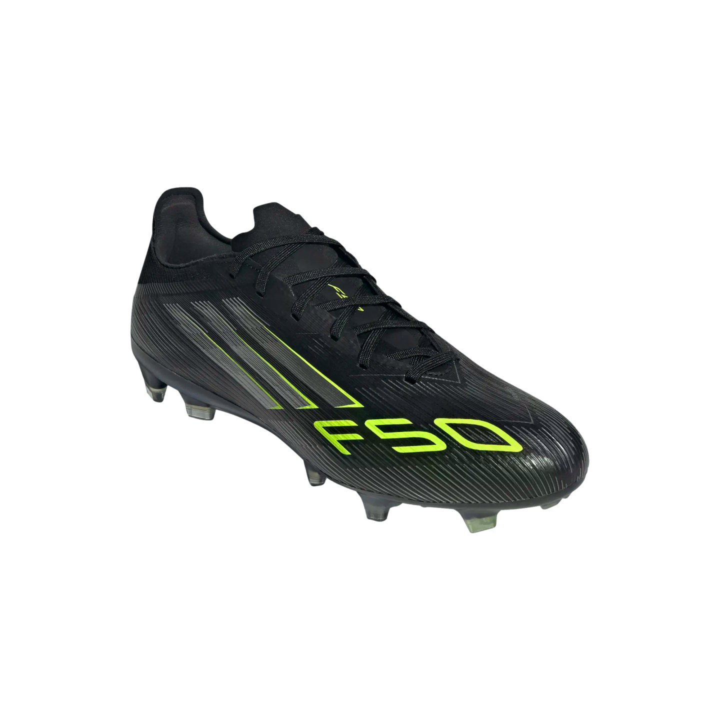 A black Adidas F50 soccer cleat with neon yellow stripes and "F50" branding on the side.