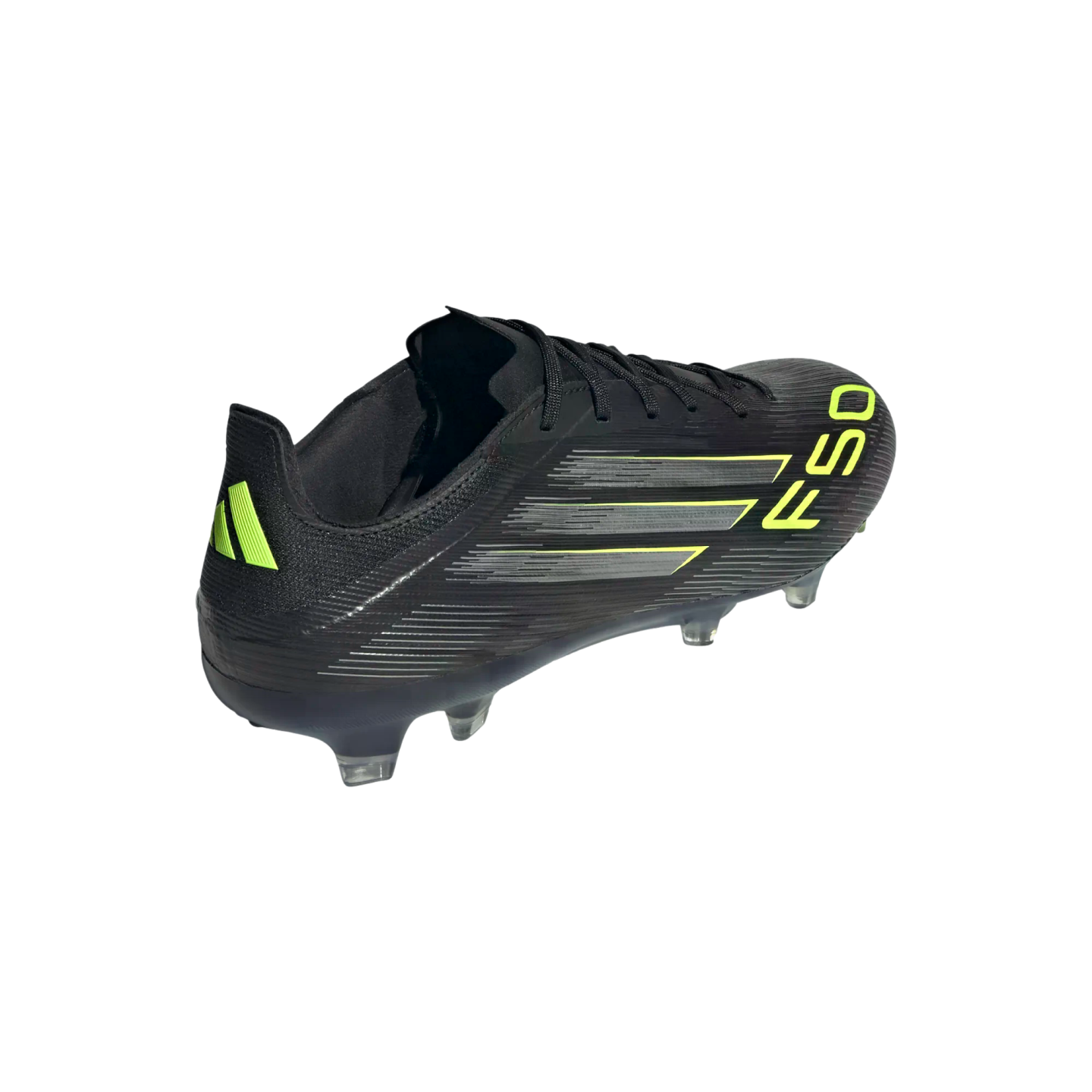 Black Adidas F50 soccer cleat with neon green accents and text, shown from a rear-side angle against a black background.
